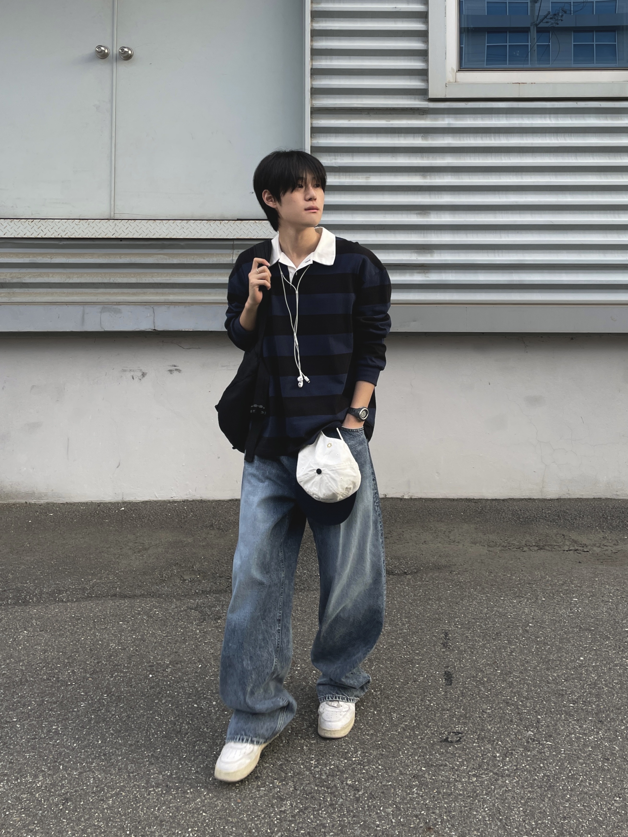 Nike Air Force 1 '07 Low White, Hello Sunrise Washed HS Arch Logo 6Panel Cap Off White & Navy 착용 스타일 - 8