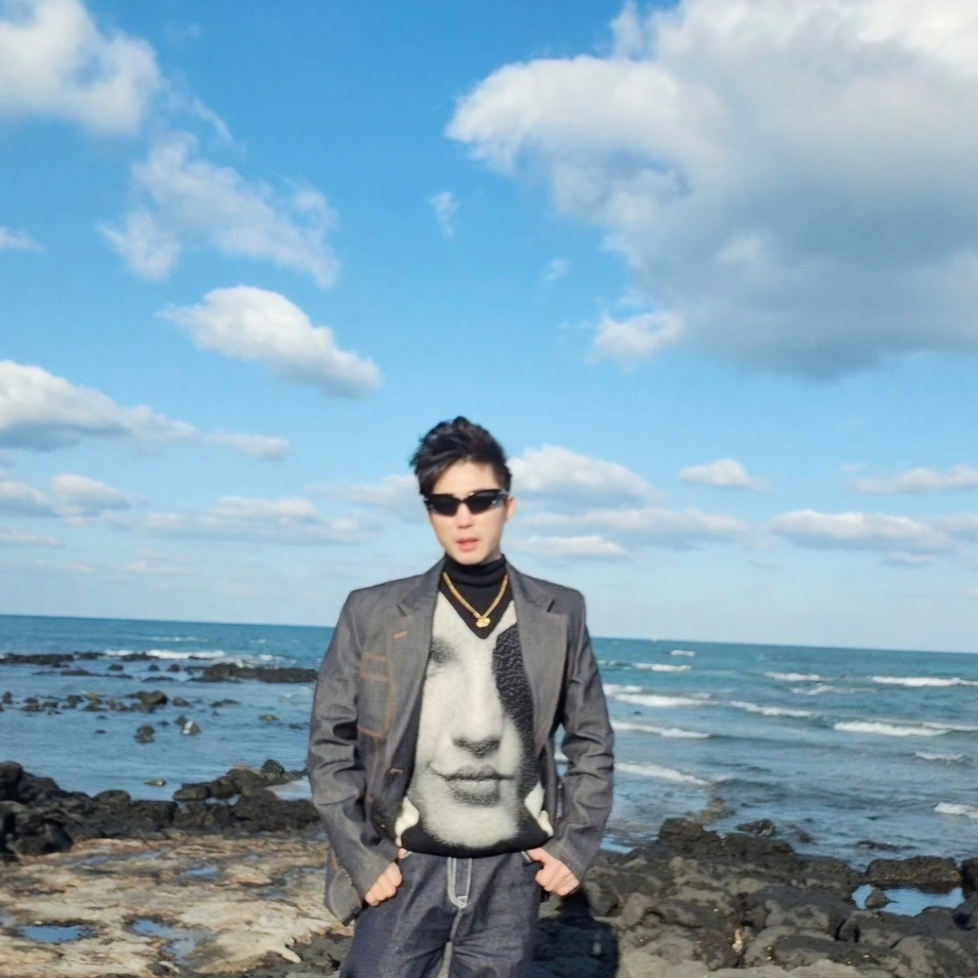 Haleine Patch Pocket Denim Blazer Indigo (VJ304), Stussy Photo Jacquard Vest Black 착용 스타일 - 3