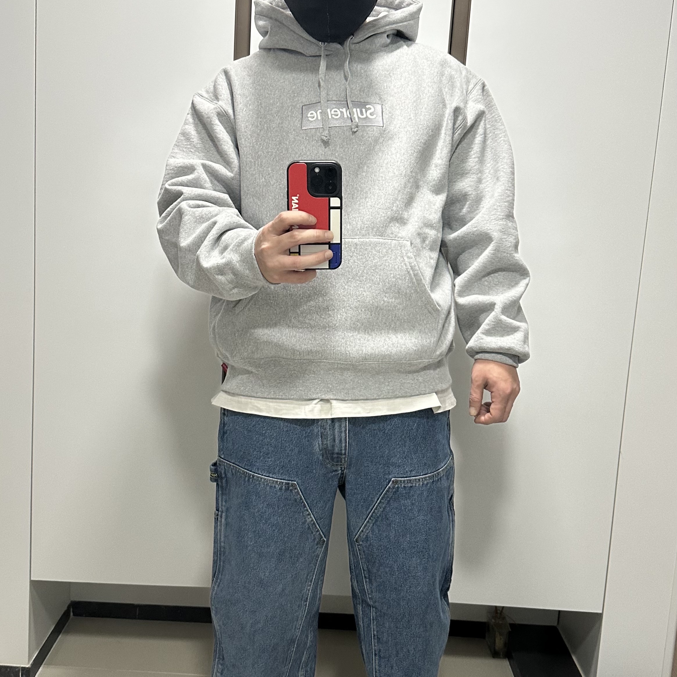Supreme Box Logo Hooded Sweatshirt Heather Grey - 24FW, Supreme Double Knee Painter Pant Washed Indigo - 24SS 착용 스타일