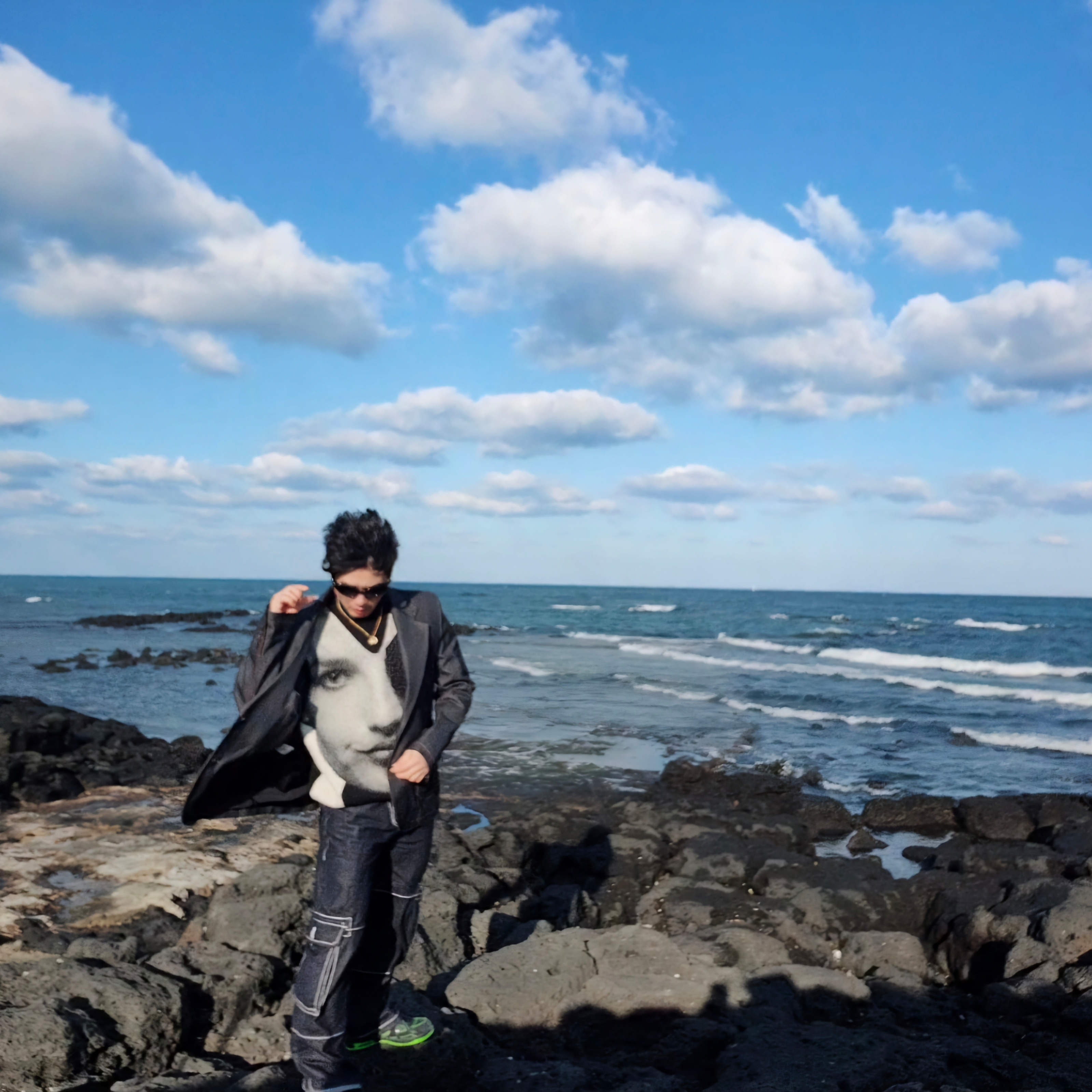 Haleine Patch Pocket Denim Blazer Indigo (VJ304), Stussy Photo Jacquard Vest Black 착용 스타일 - 1