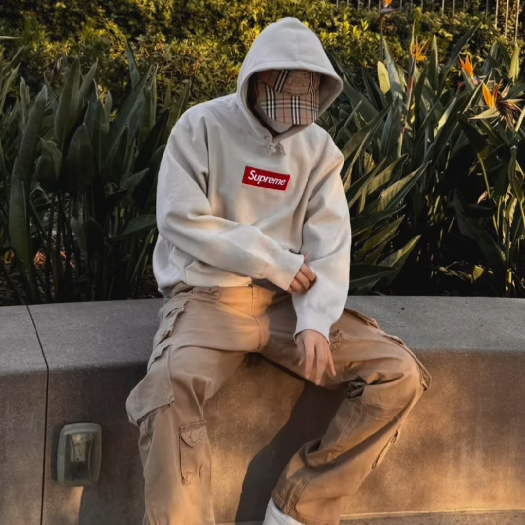 Supreme Box Logo Hooded Sweatshirt Stone - 24FW 착용 스타일