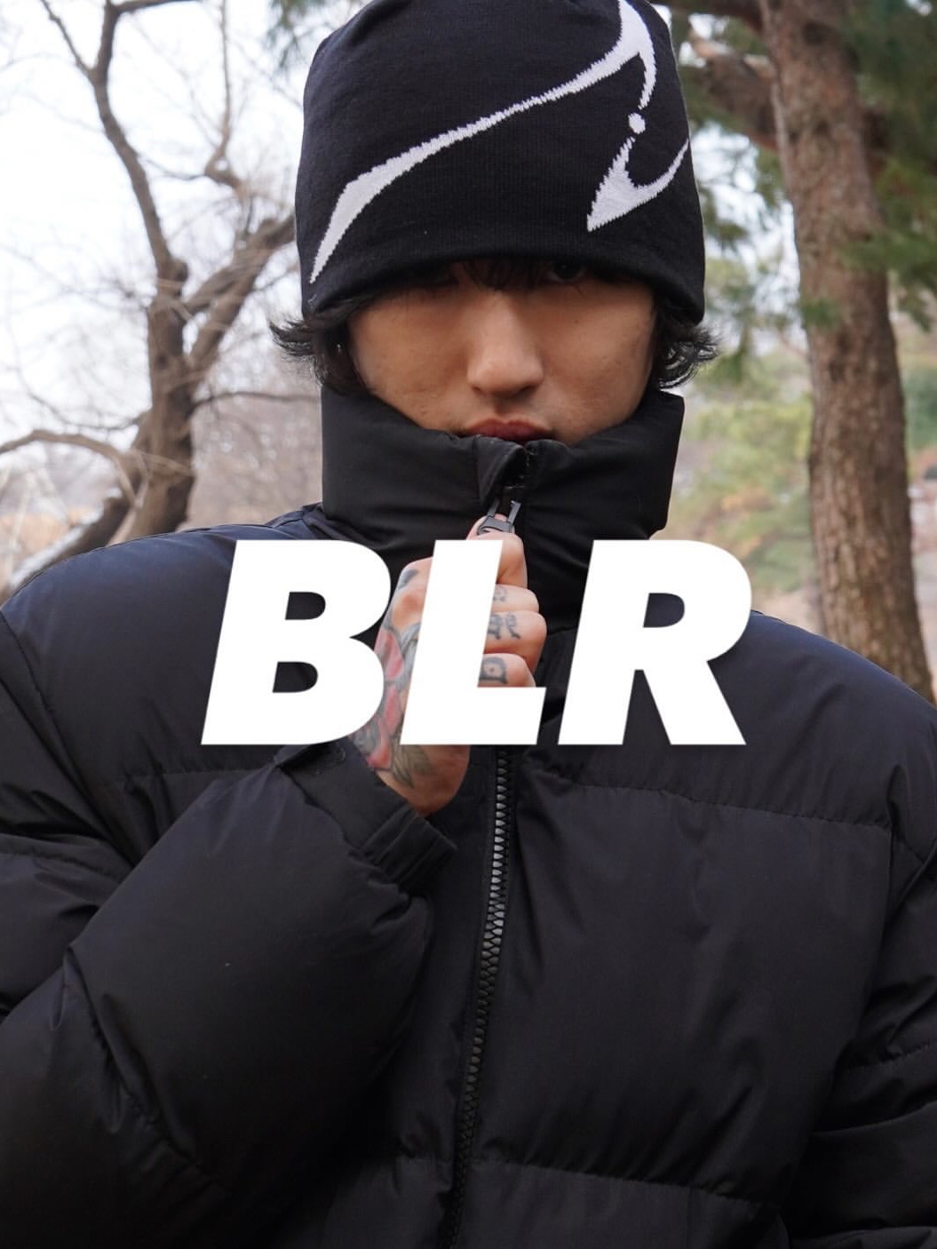 BLR Curved Logo Beanie Ivory, BLR Curved Logo Beanie Black 착용 스타일