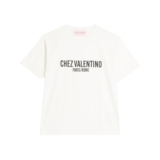 Valentino Cotton T-Shirt with Chez Valentino Print Ivory