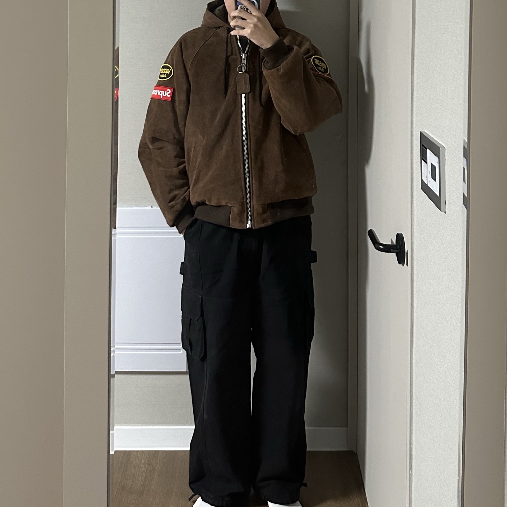 Supreme x Vanson Leathers Hooded Work Jacket Suede - 24FW 착용 스타일