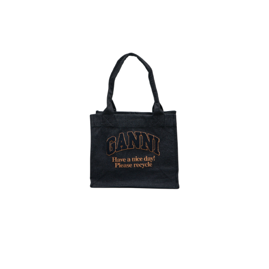 Ganni Logo Denim Large Tote Bag Black