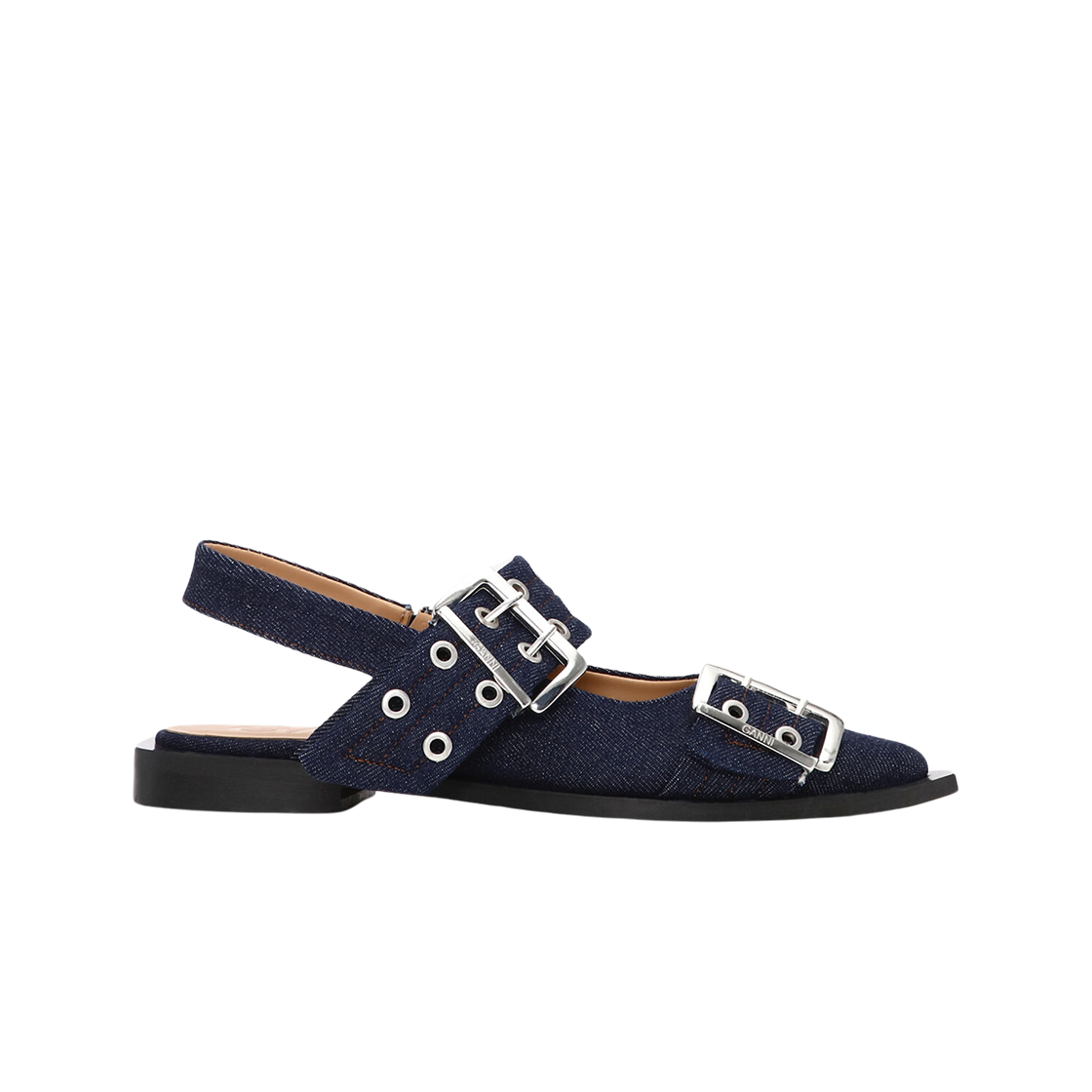 (W) 가니 페미닌 버클 발레리나 다크 네이비((W) Ganni Feminine Buckle Ballerinas Dark Navy)