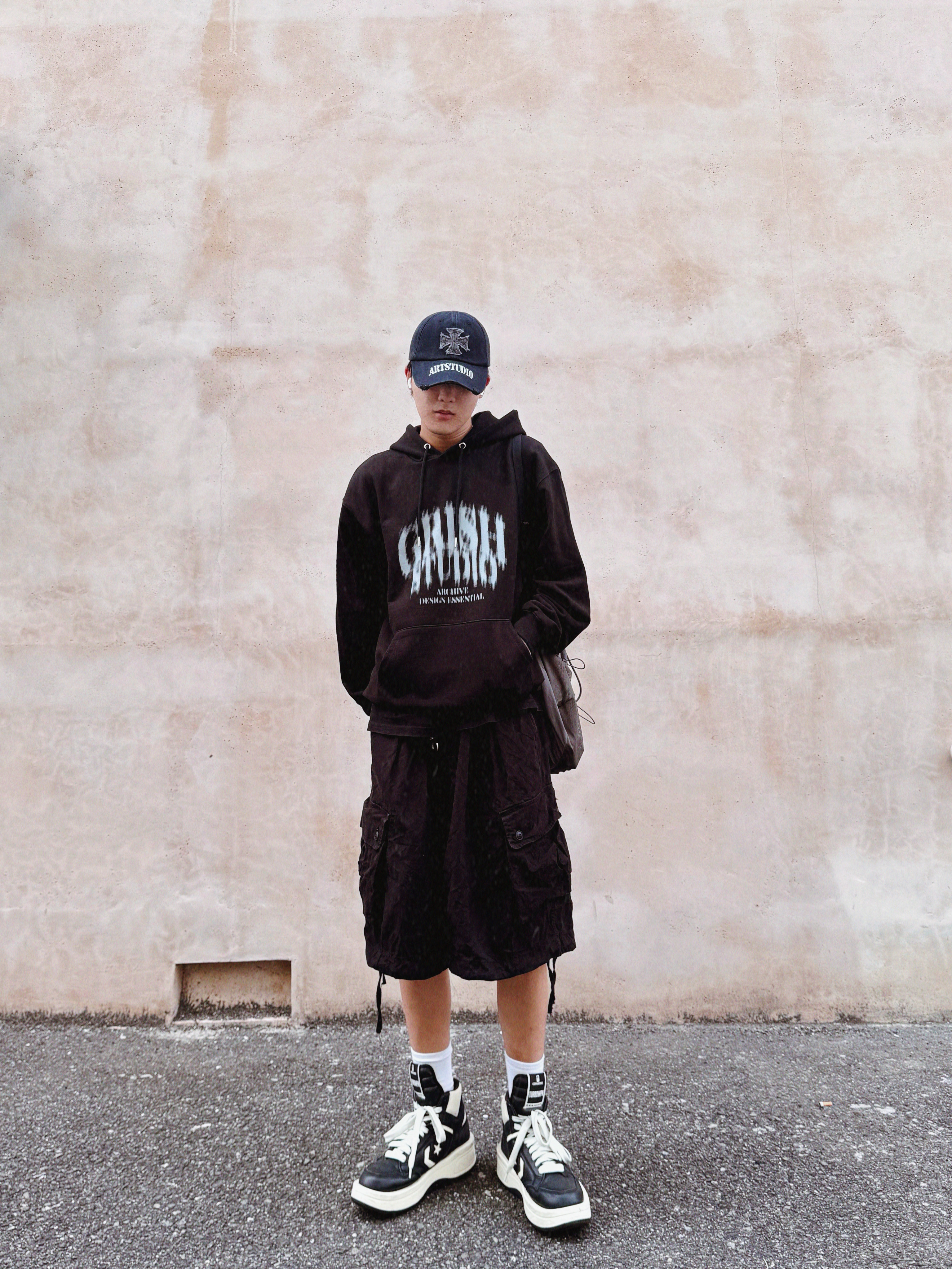 Converse x Drkshdw Turbowpn Black Cream, ETCE Cross Destroyed Cap Black 착용 스타일