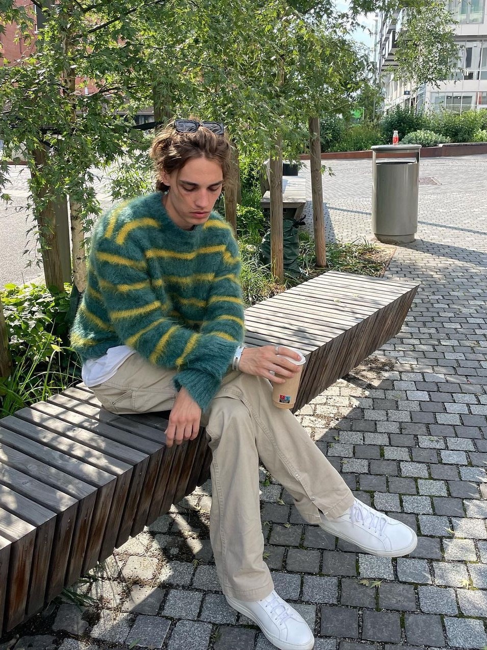 Vanone Atelier KN4255 Hairy Stripe Knit Blue, Human Made Multi Striped Knit Sweater Green 착용 스타일 - 2
