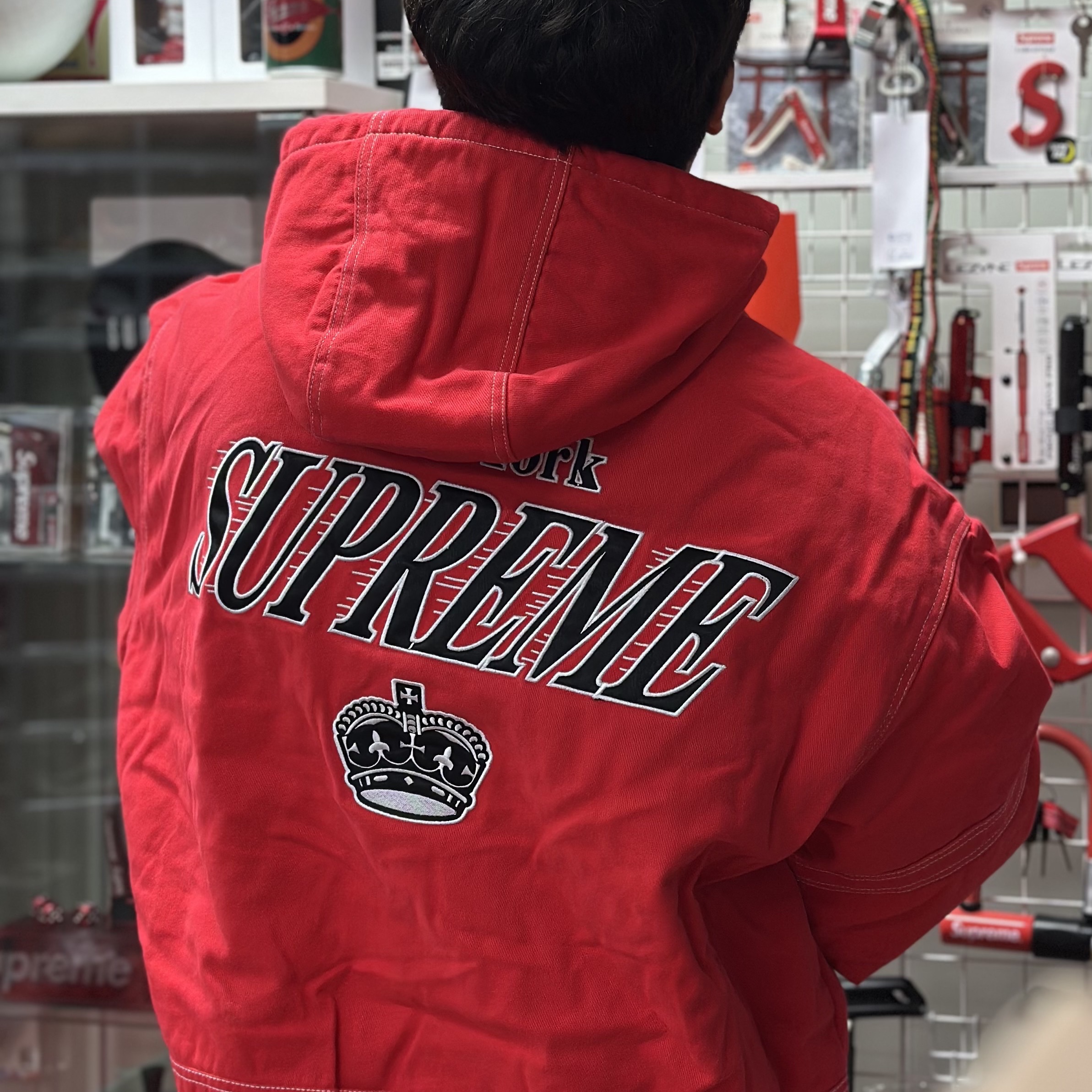 Supreme Mitchell & Ness Twill Stadium Jacket Red - 24FW 착용 스타일