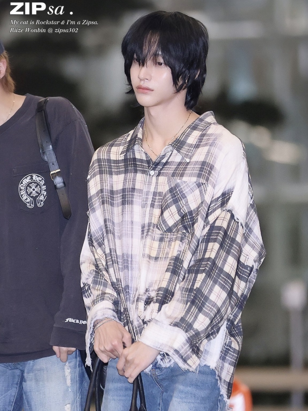 (W) R13 Shredded Seam Drop Neck Shirt Bleach Printed Plaid 착용 스타일 - 3