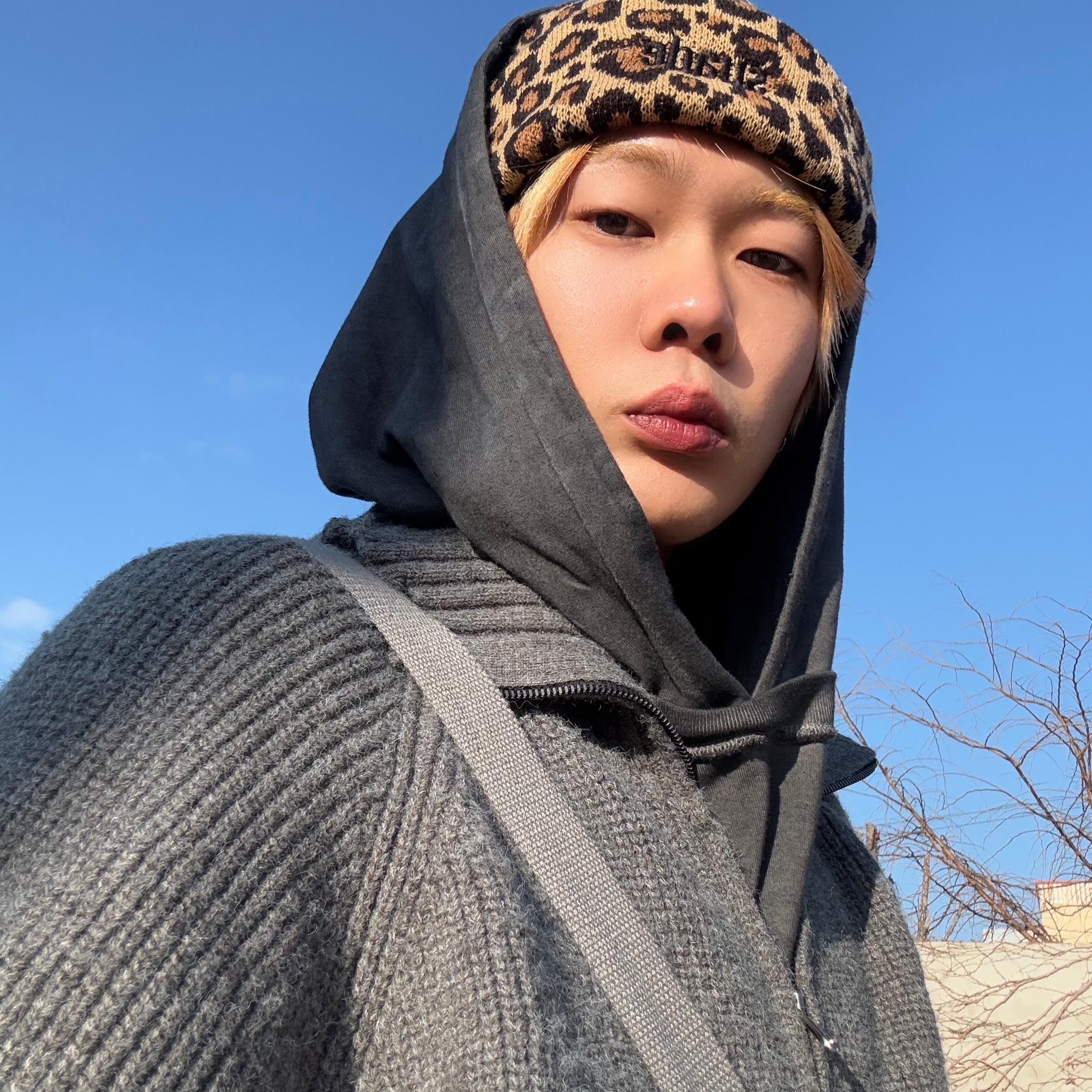 Suade Leopard Beanie Leopard, Balenciaga Stomper Bootie Black 착용 스타일 - 3