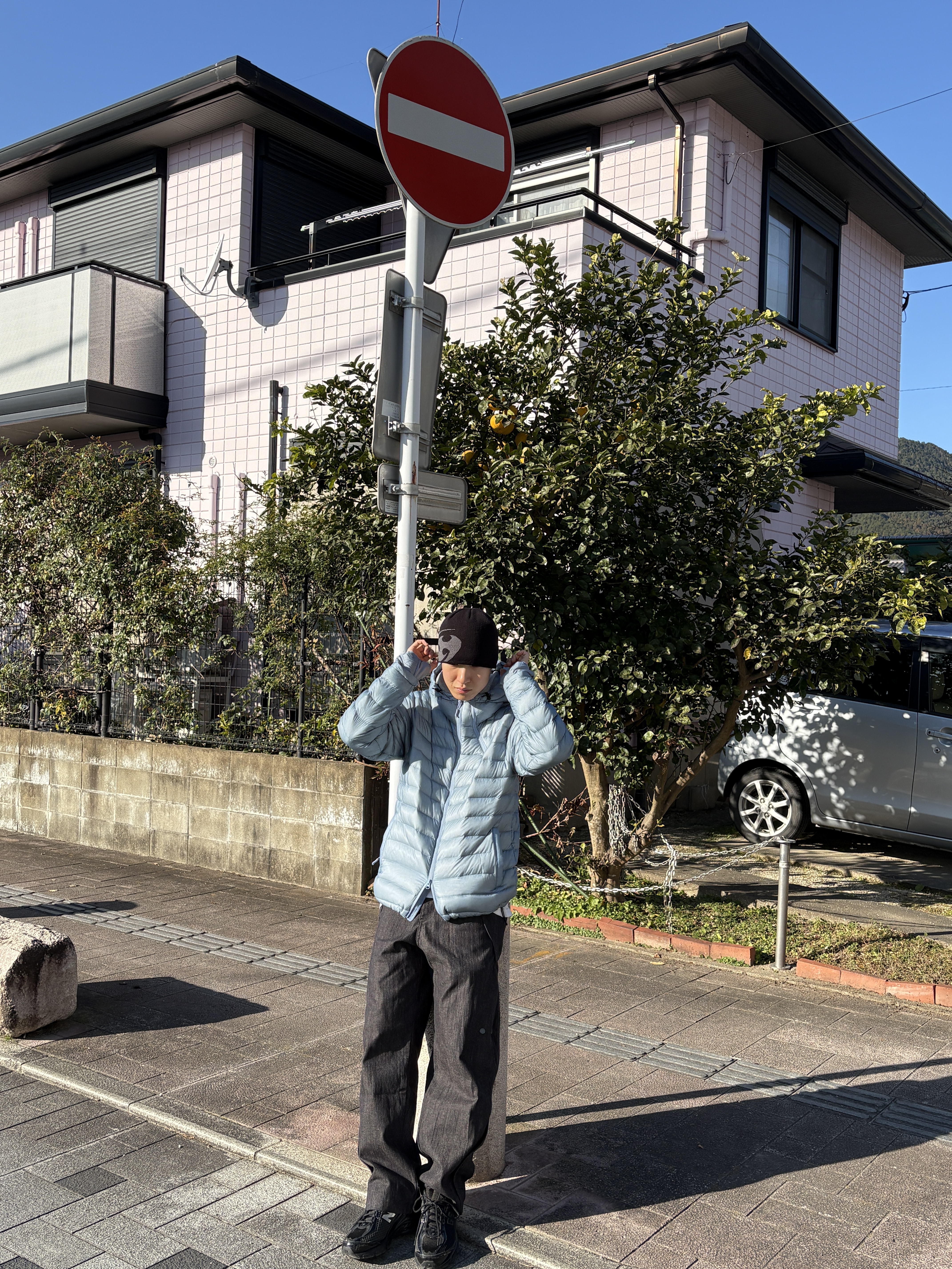 Sansan Gear Suffix Puffer Jacket Sky Blue - 24FW, Sansan Gear Denim Wave Pants Dark Indigo 착용 스타일 - 2