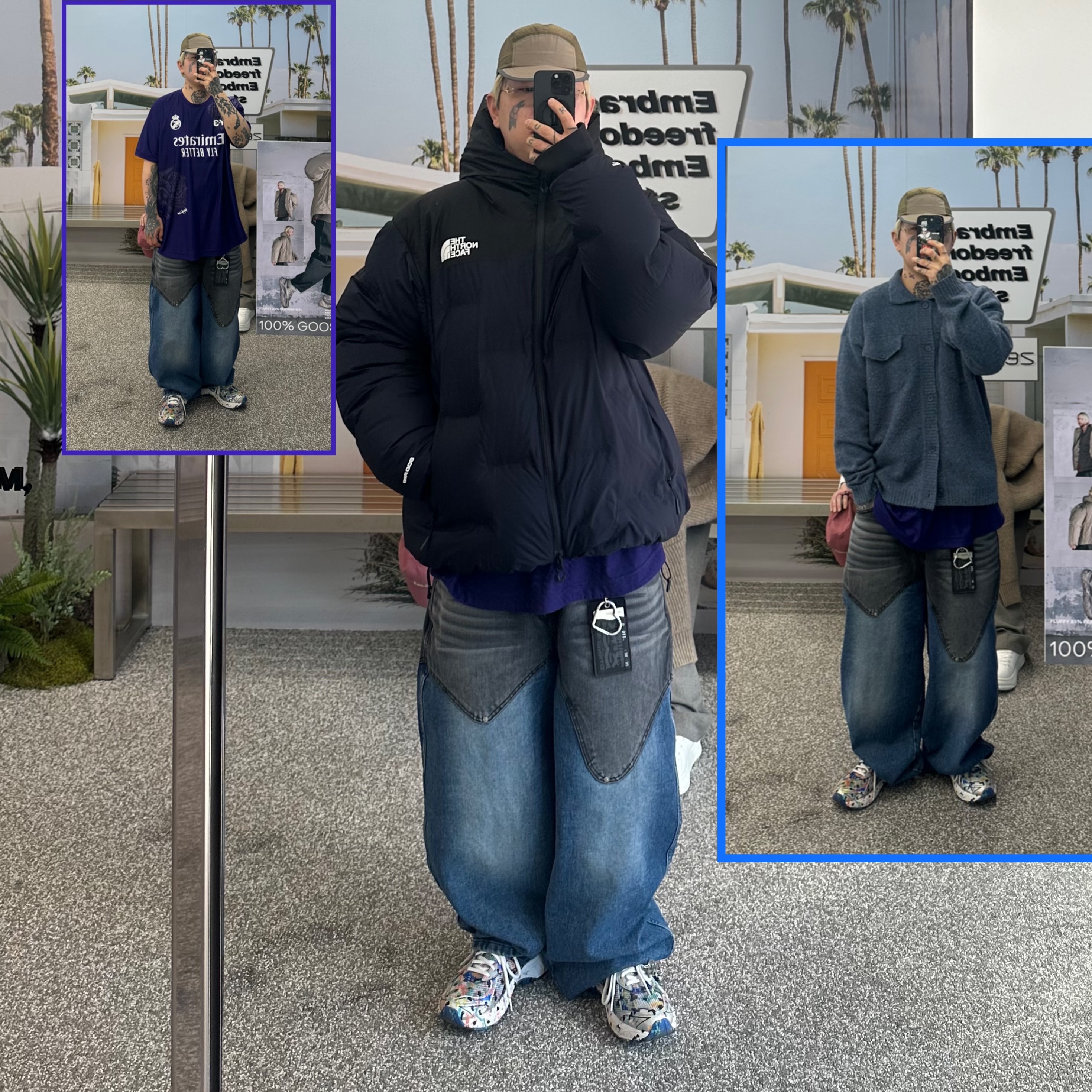 Satisfy Re-Possessed Rippy Trail Cap Seed, The North Face x Undercover Soukuu Cloud Down Nupste TNF Black Aviator Navy 착용 스타일