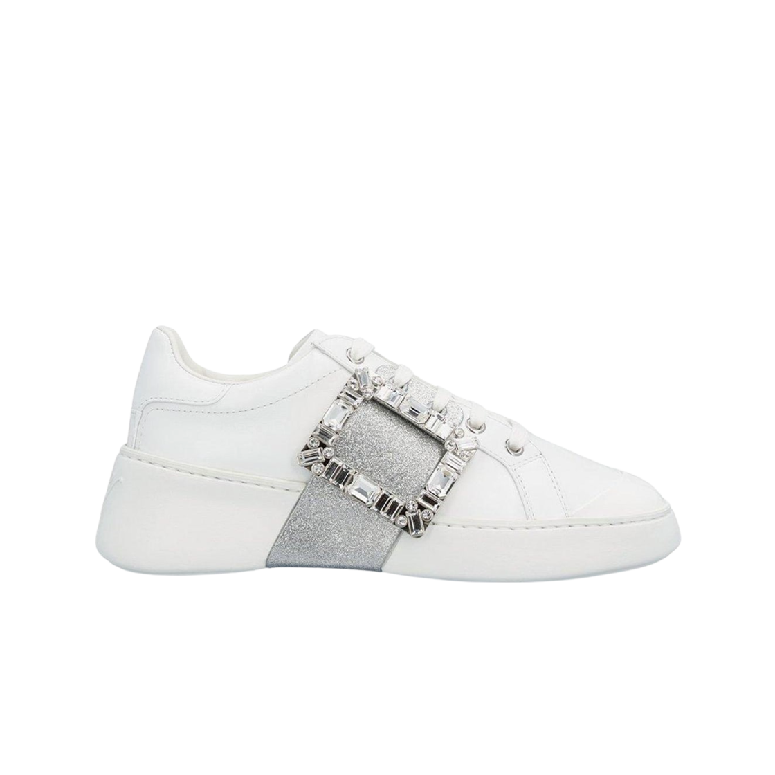 RVW54230520LXQB001 (W) Roger Vivier Viv' Skate Glitter Strass Buckles Sneakers White Silver