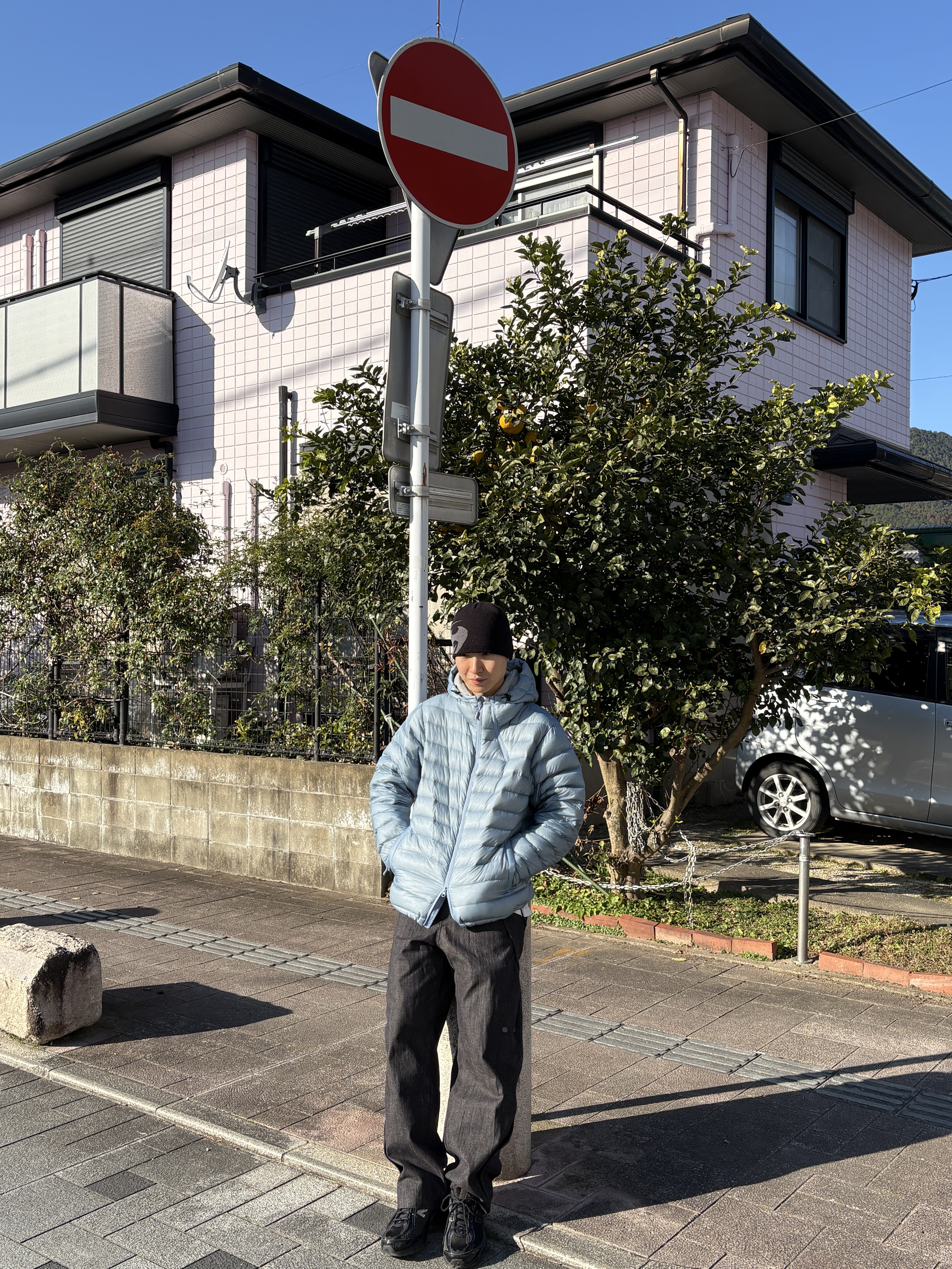 Sansan Gear Suffix Puffer Jacket Sky Blue - 24FW, Sansan Gear Denim Wave Pants Dark Indigo 착용 스타일 - 4