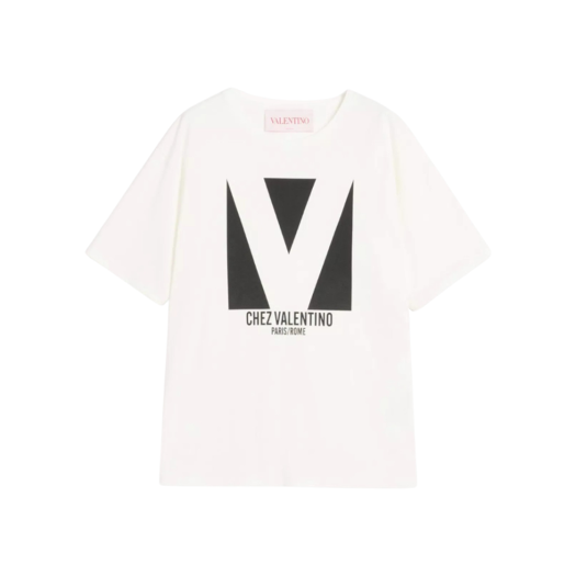 (W) Valentino Jersey Cotton T-Shirt with Chez Valentino Print White