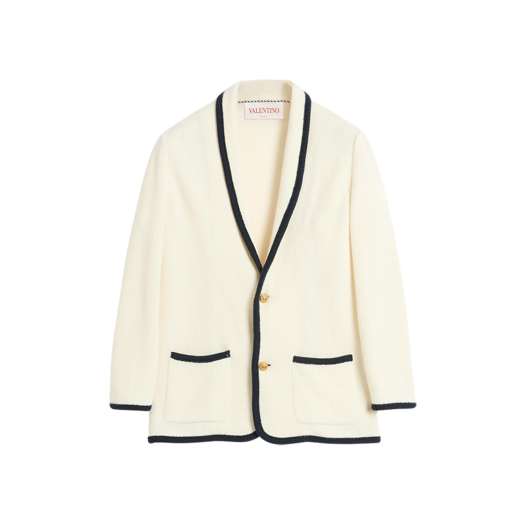 Valentino Single Breasted Jacket in Wool and Cotton with Torchon Piping Butter Indigo