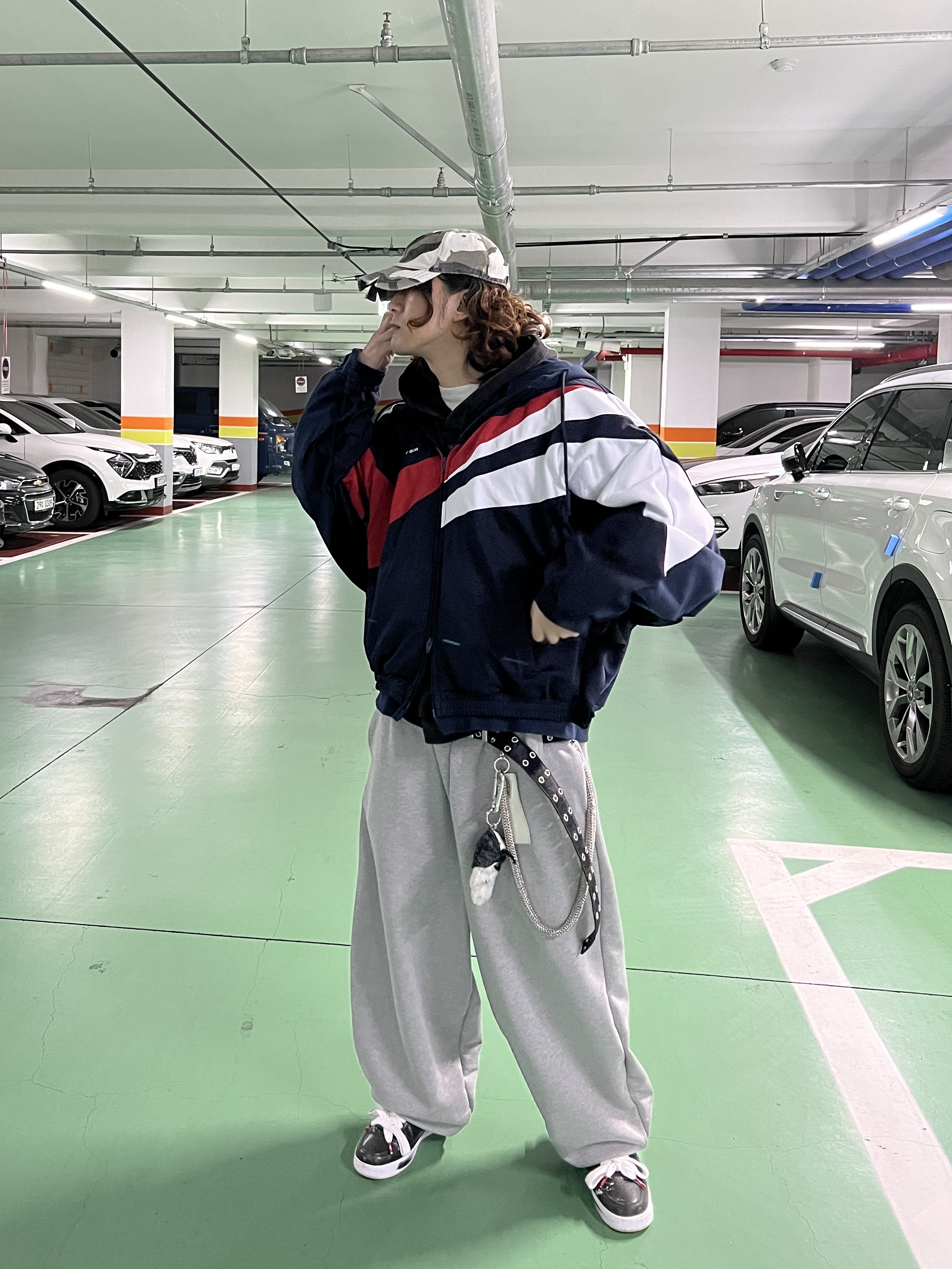 Project G/R Crashed Cap City Camo, Project G/R Hybrid Hooded Track Jacket Navy 착용 스타일 - 3