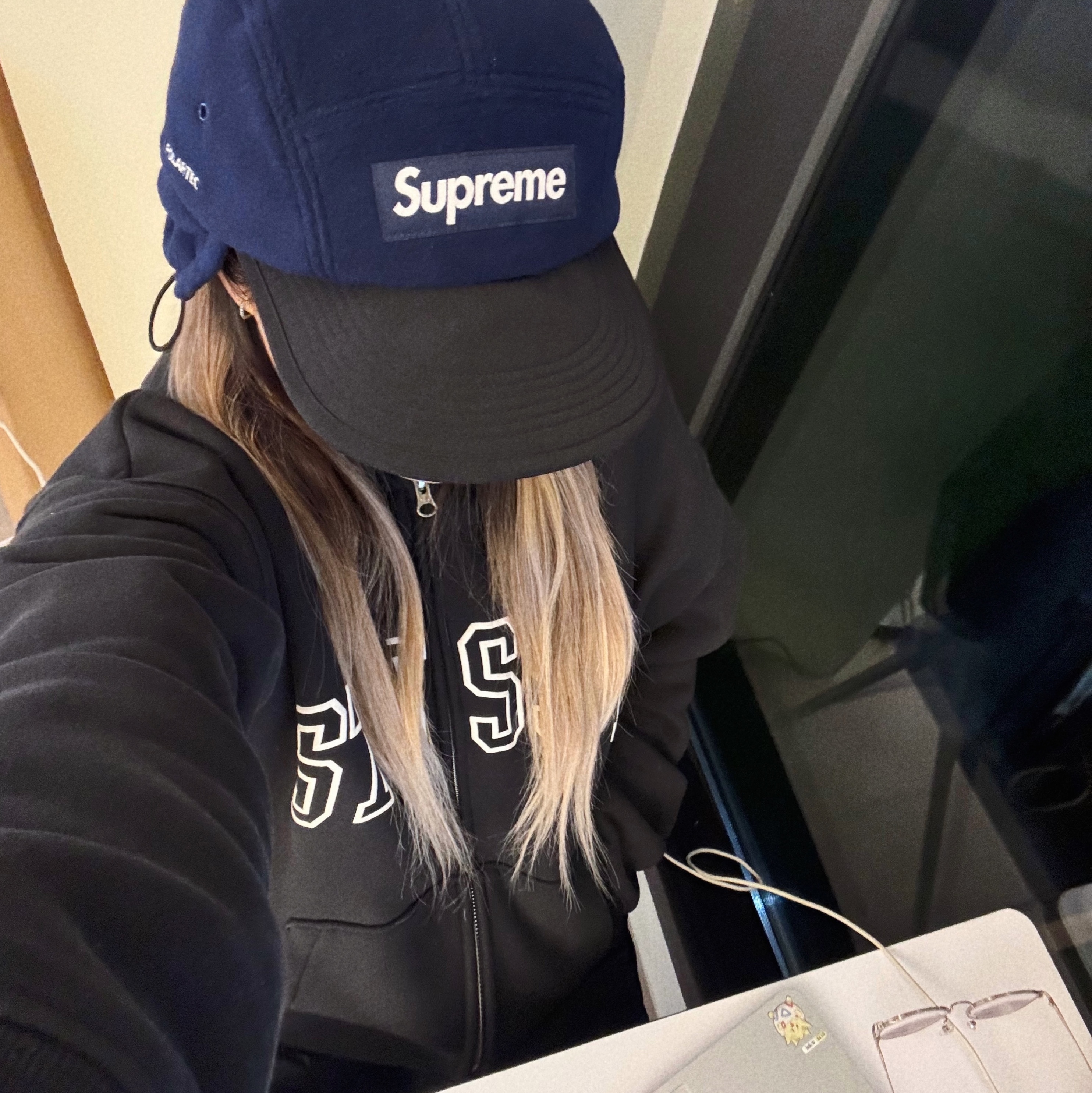 Supreme Polartec Earflap Camp Cap Navy - 24FW, Stussy Block Sport Zip Hoodie Black 착용 스타일
