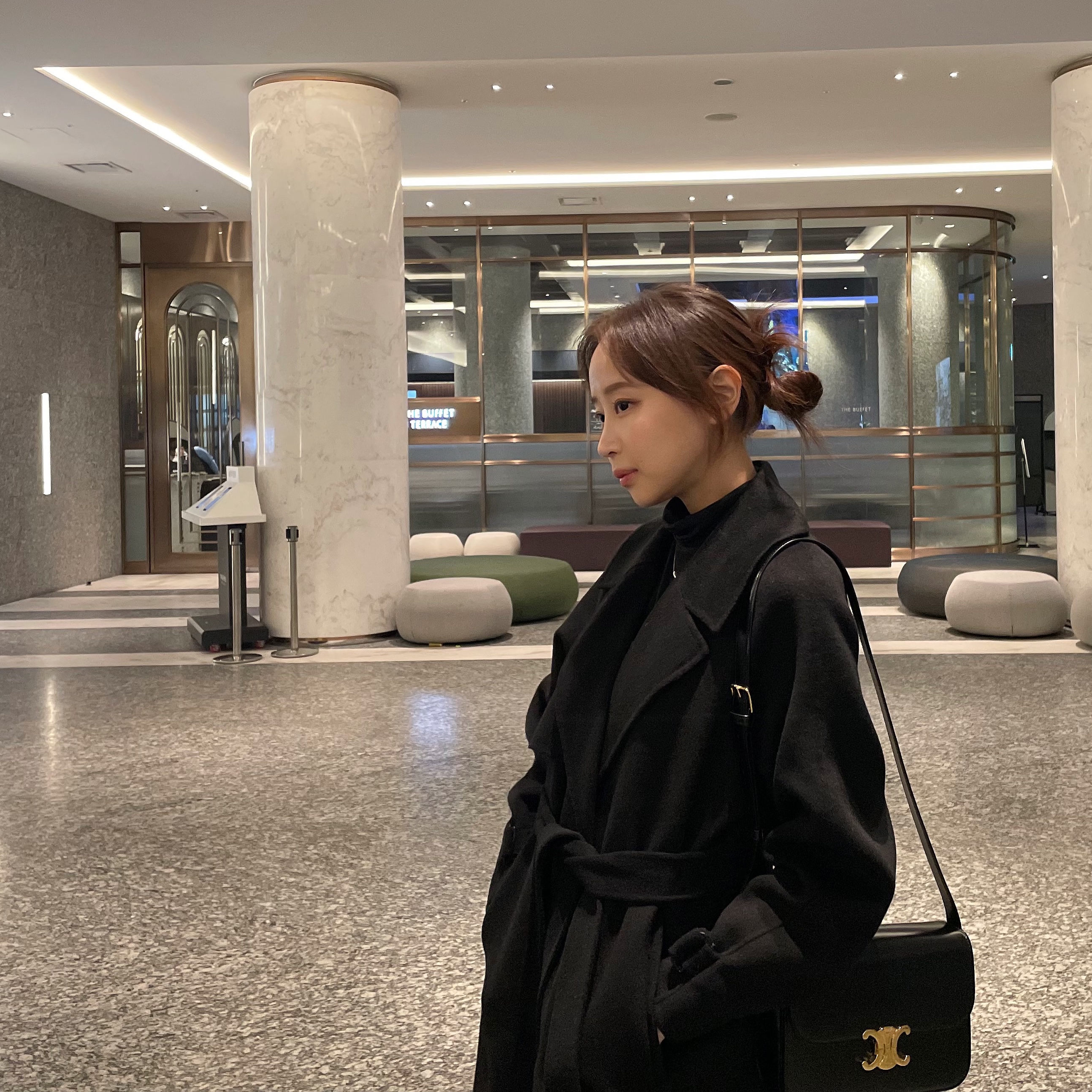 Celine Classique Triomphe Bag in Shiny Calfskin Black 착용 스타일 - 3