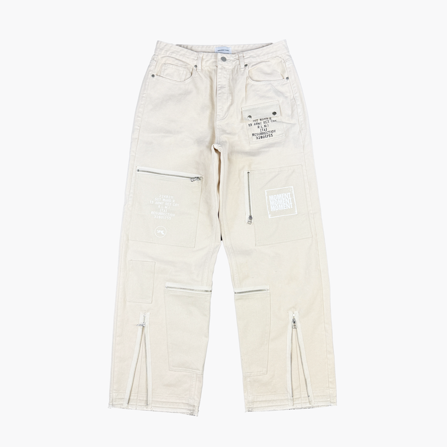 25-B003 CR Resurrection13 Patchwork Zipper Detail Pants Cream