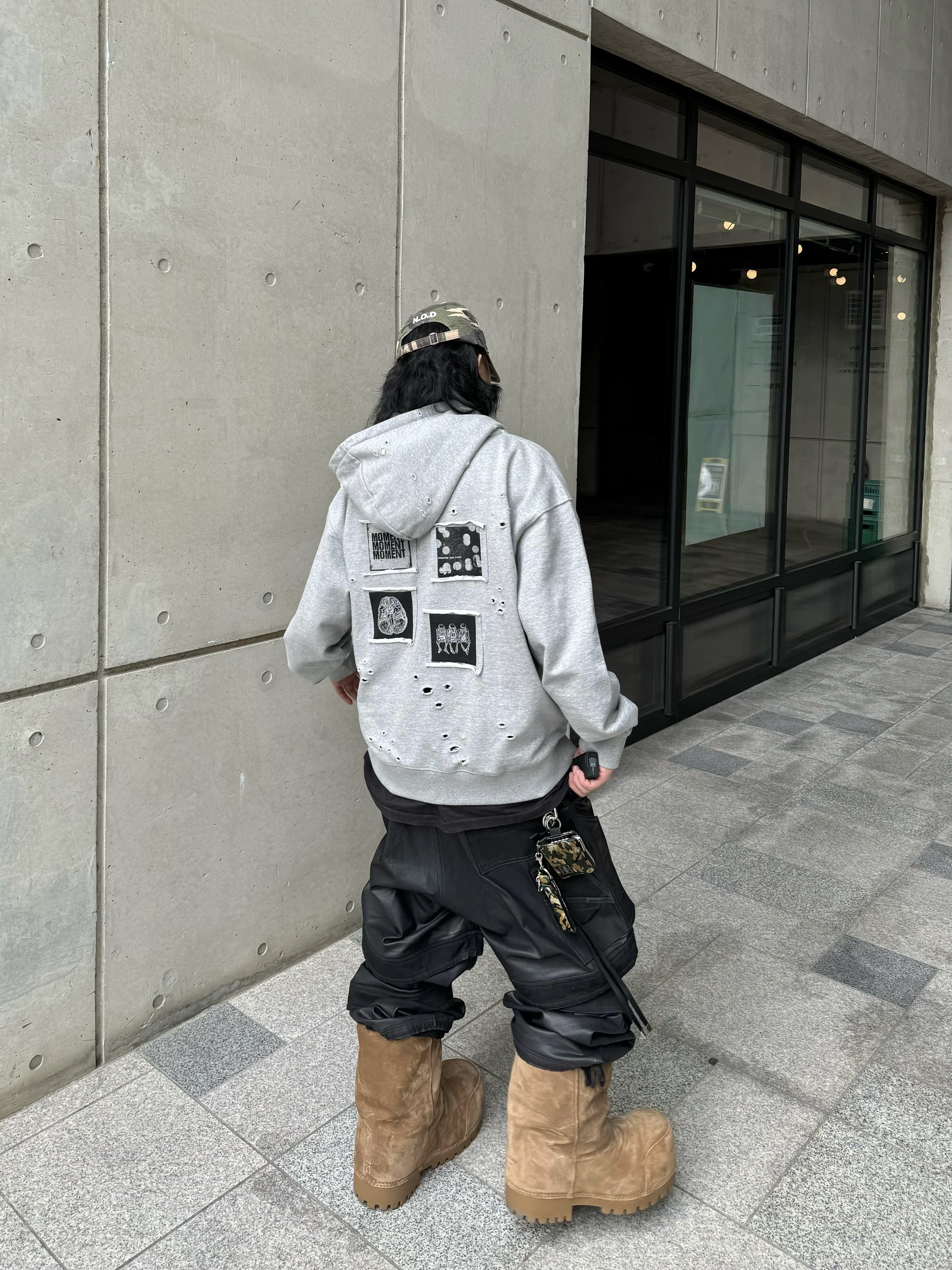 Farfromwhat Far Layered Work Pants Coated Black, Resurrection13 Damaged Patch Work 2Way Zip Up Hoodie Melange Grey 착용 스타일 - 7