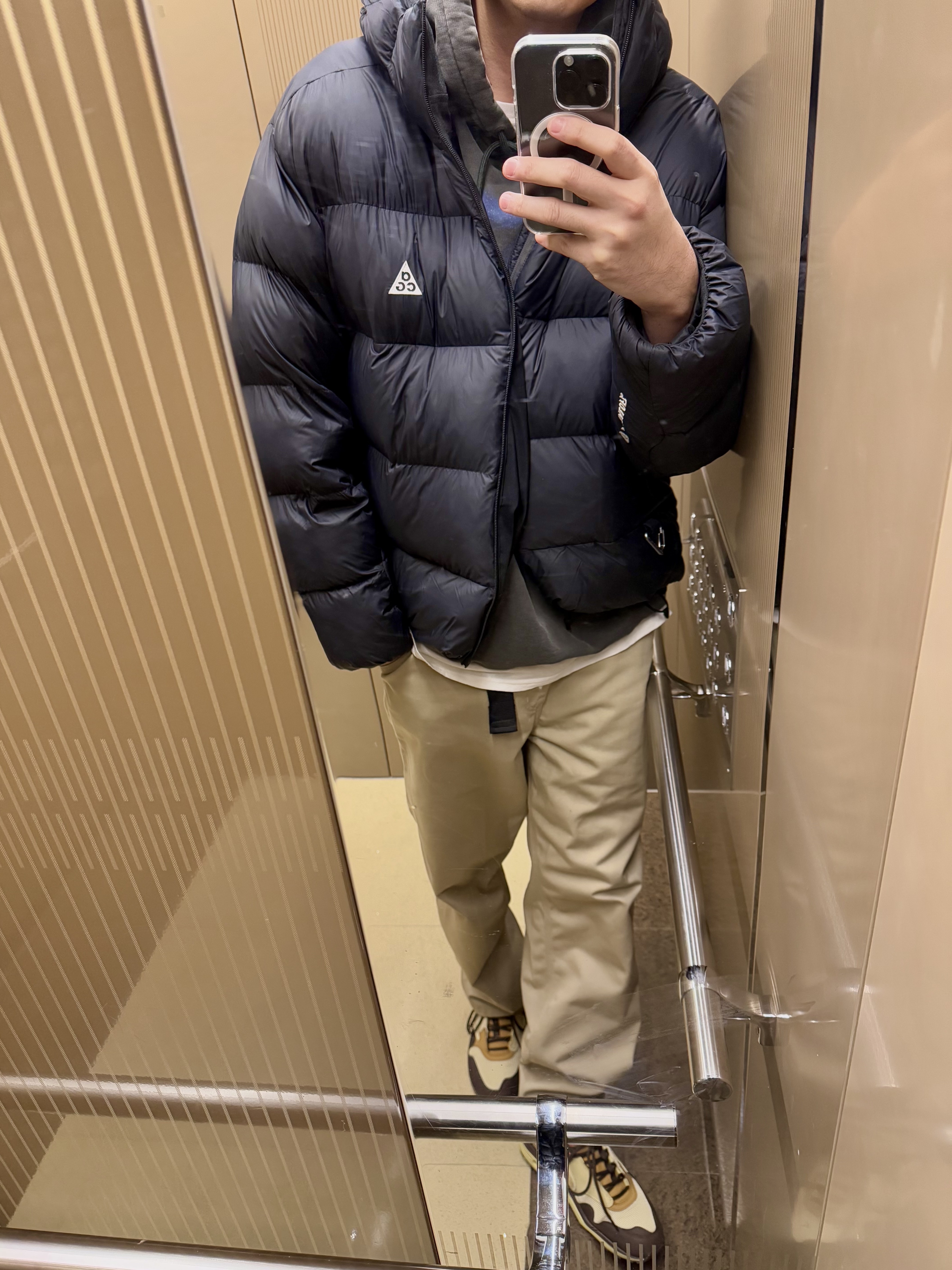 Nike ACG Therma-Fit ADV Lunar Lake Loose Hooded Jacket Black Summit White - Asia, Carhartt WIP Denison Twill Simple Pants Leather 착용 스타일