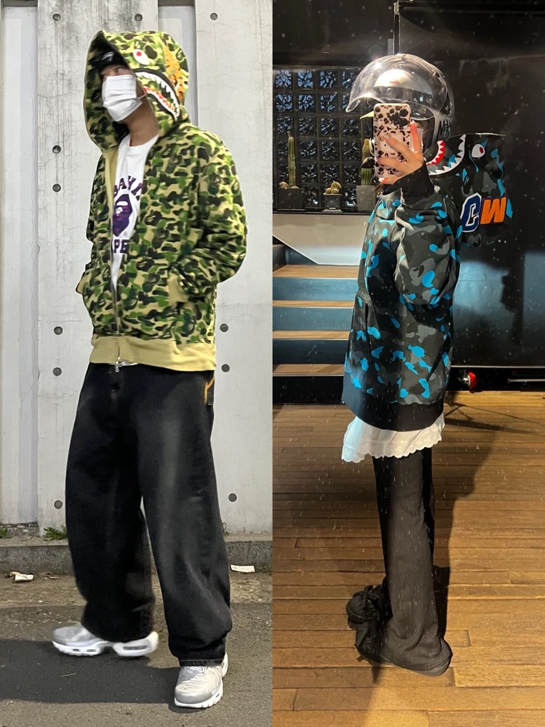 BAPE ABC Camo College T-Shirt White Green, BAPE Color Camo Separate Shark Full Zip Hoodie Black Navy 착용 스타일 - 3