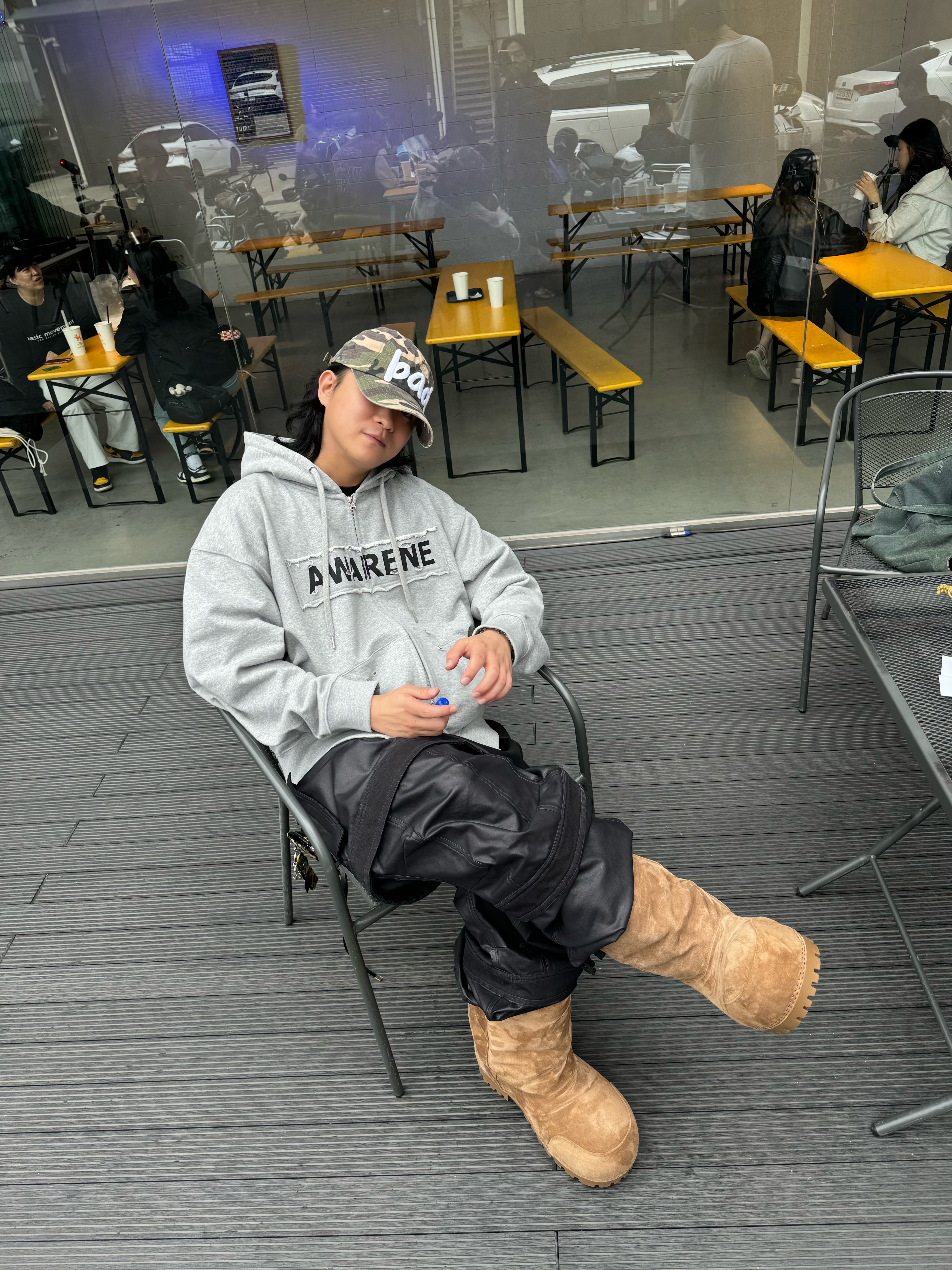 Farfromwhat Far Layered Work Pants Coated Black, Resurrection13 Damaged Patch Work 2Way Zip Up Hoodie Melange Grey 착용 스타일 - 4
