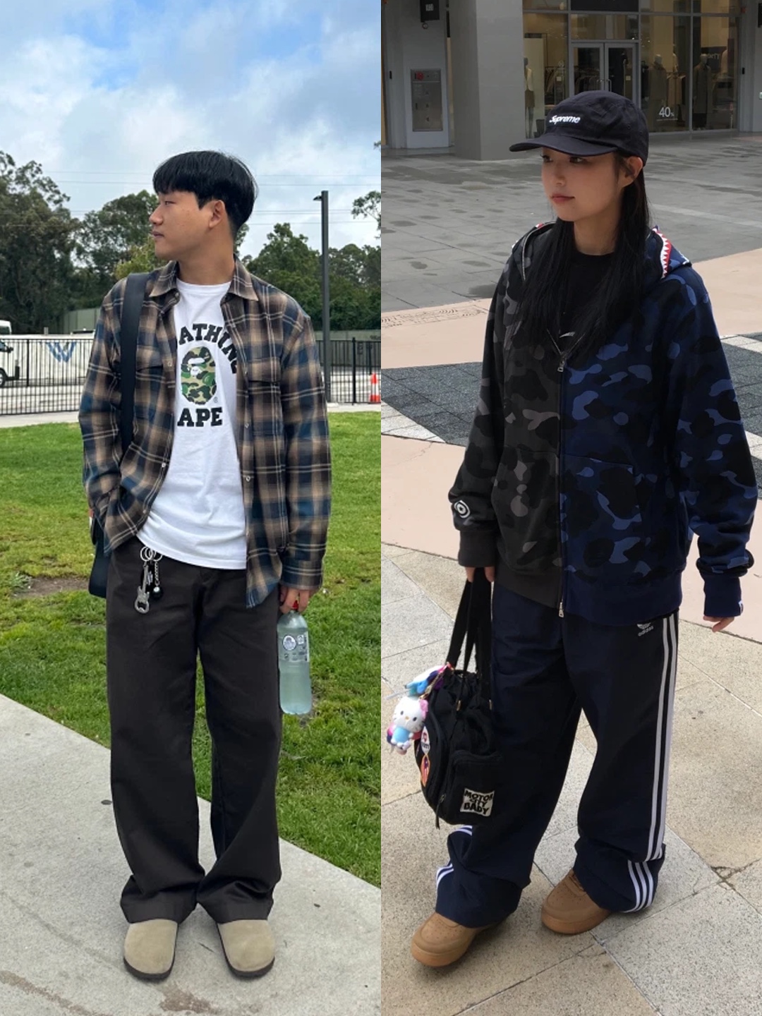 BAPE ABC Camo College T-Shirt White Green, BAPE Color Camo Separate Shark Full Zip Hoodie Black Navy 착용 스타일 - 2