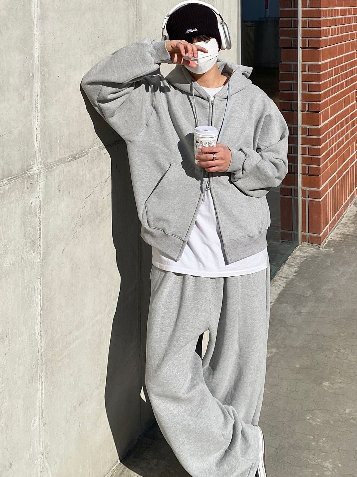 Undermycar Mu.03 Anti Fxxking Logo Play Oversized Sweat Jogger Melange Gray, Undermycar Mu.14 Anti Fxxking Logo Play Oversized Bonded Sweat Shirts Melange Gray 착용 스타일 - 3
