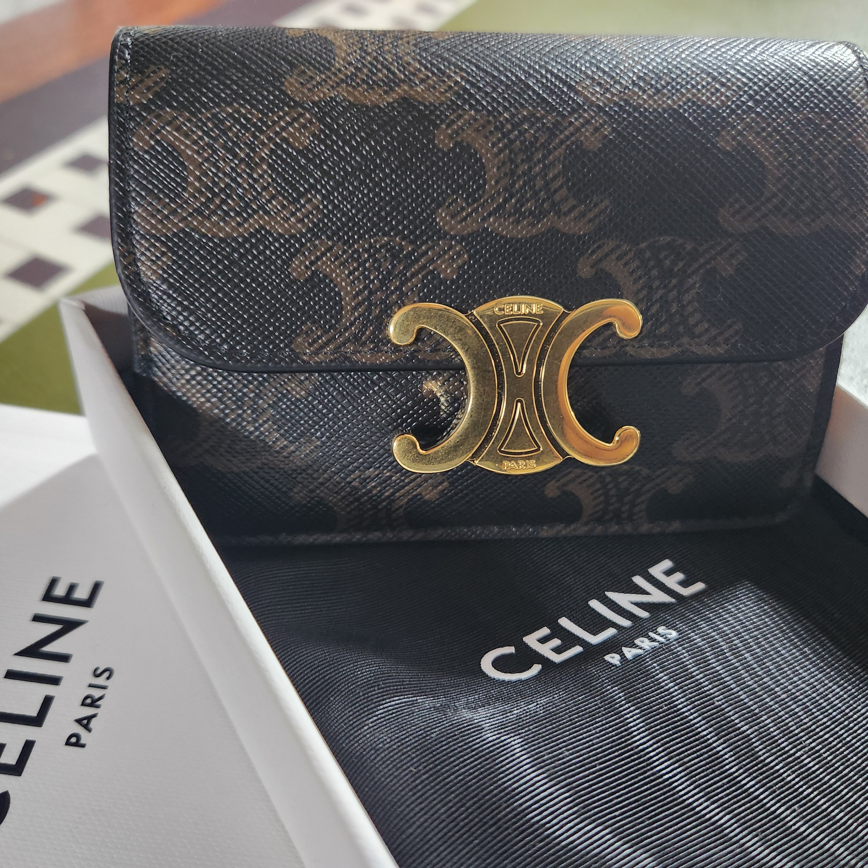 Celine Card Holder with Flap in Triomphe Canvas Tan 착용 스타일