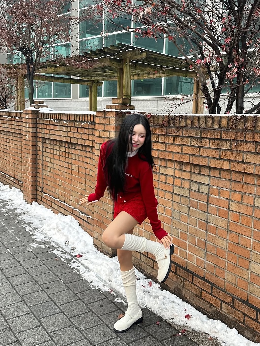 Newalrin Basic Cashmere Knit Cardigan Red 착용 스타일