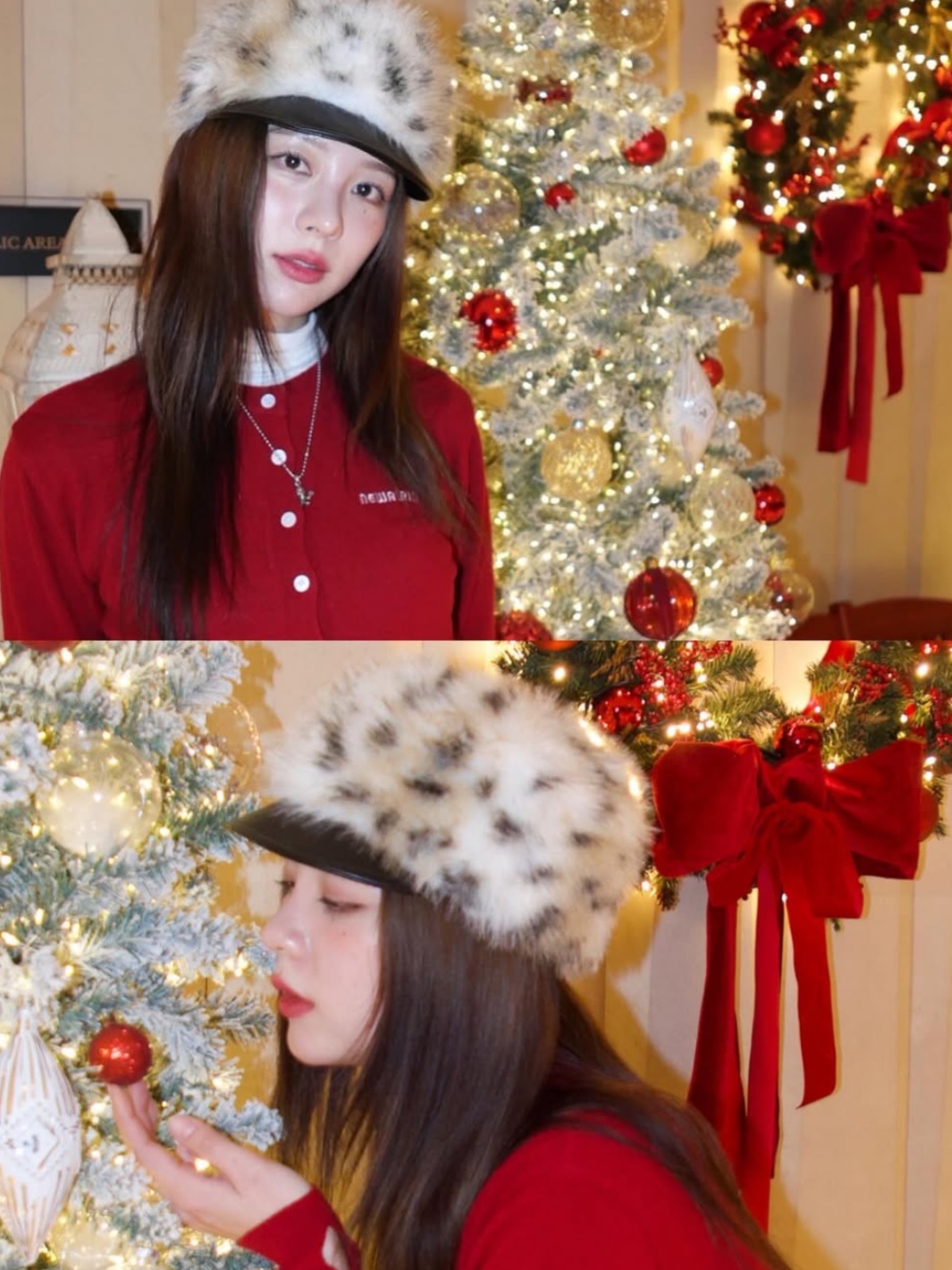Newalrin Basic Cashmere Knit Cardigan Red 착용 스타일