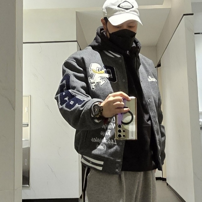Palace x Gap Varsity Jacket Grey - 24SS 착용 스타일