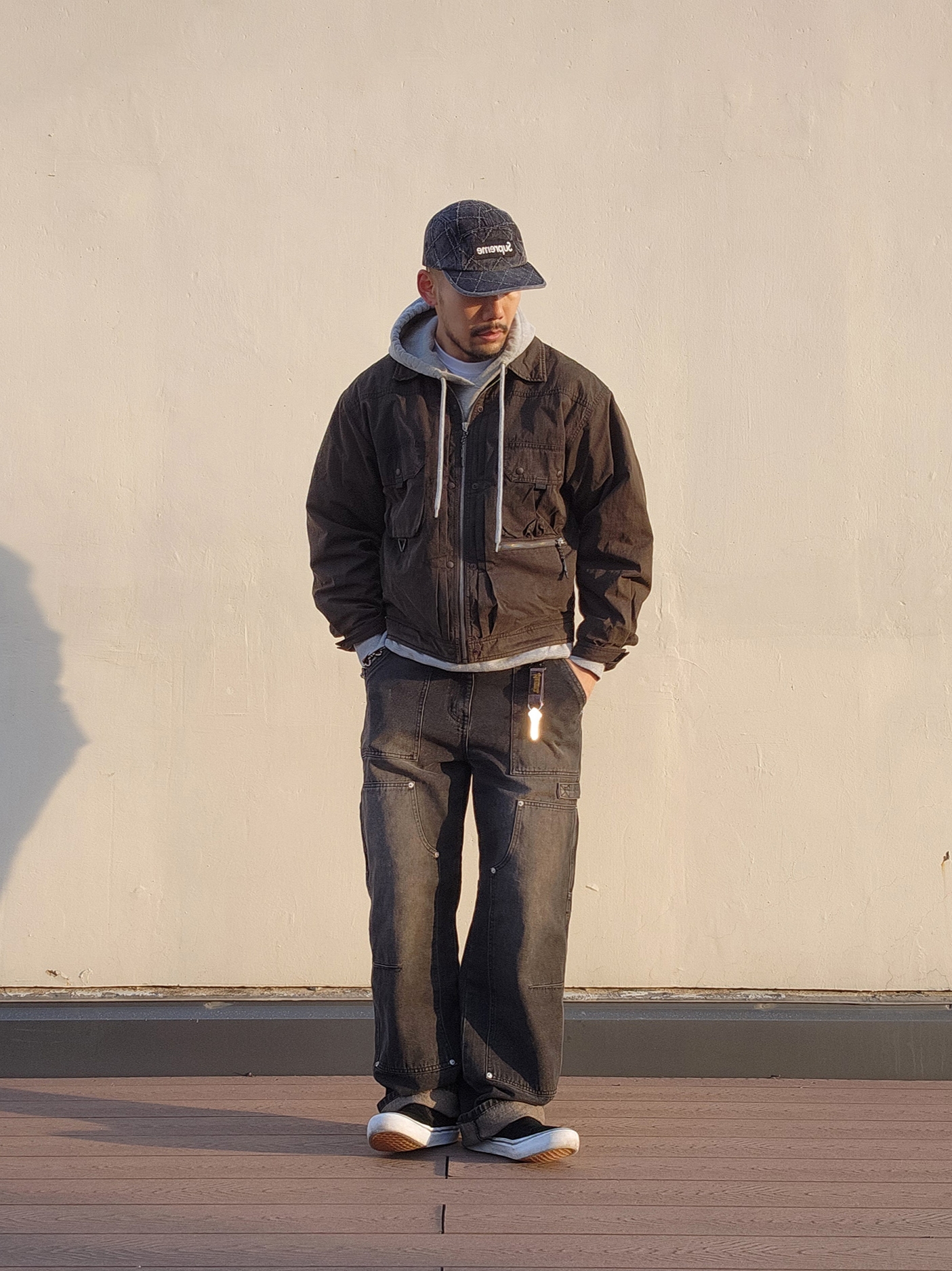 Supreme Punched Denim Camp Cap Black - 23FW, Vans Classic Slip-On Black 착용 스타일 - 2