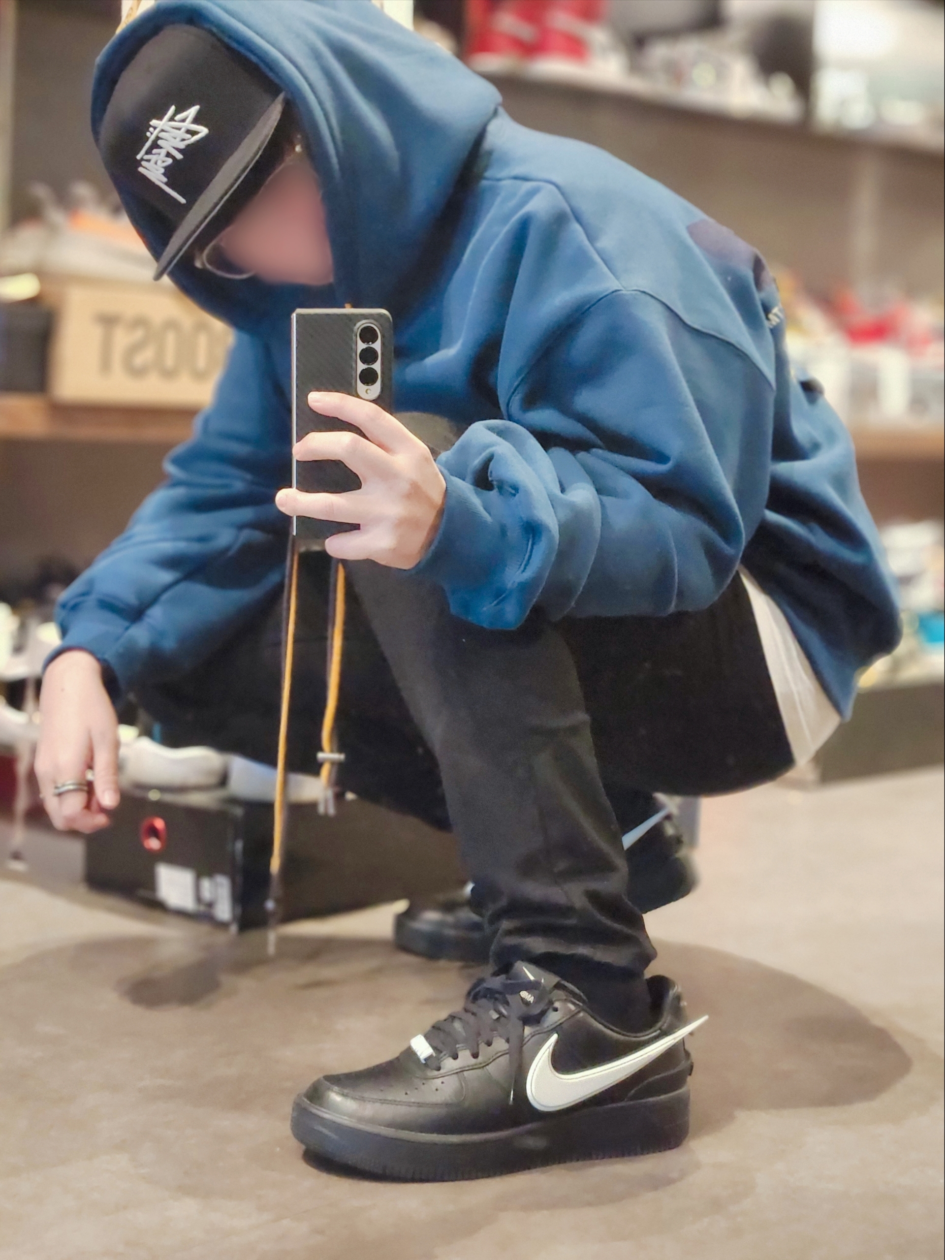 Nike x Ambush Air Force 1 Low SP Black, Stussy Basic Strapback Cap Black 착용 스타일