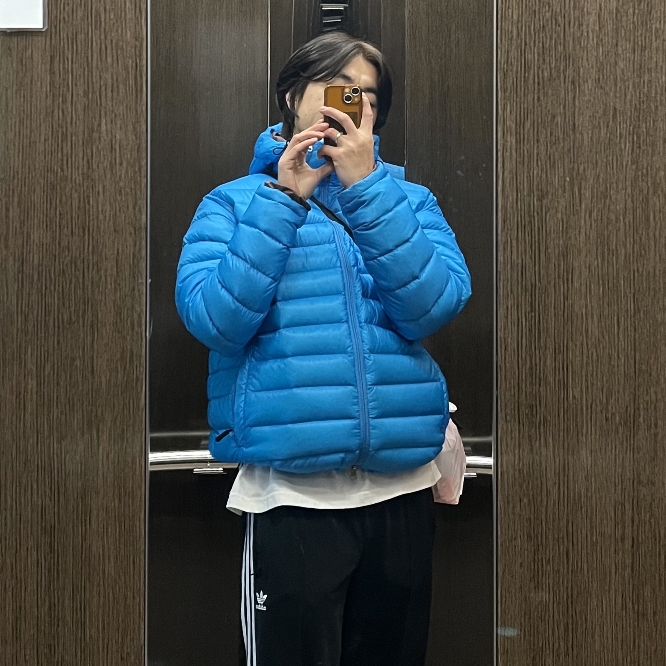 Sansan Gear Suffix Puffer Jacket Blue - 22FW, (W) Adidas Originals Firebird Loose Track Pants Black - KR Sizing 착용 스타일