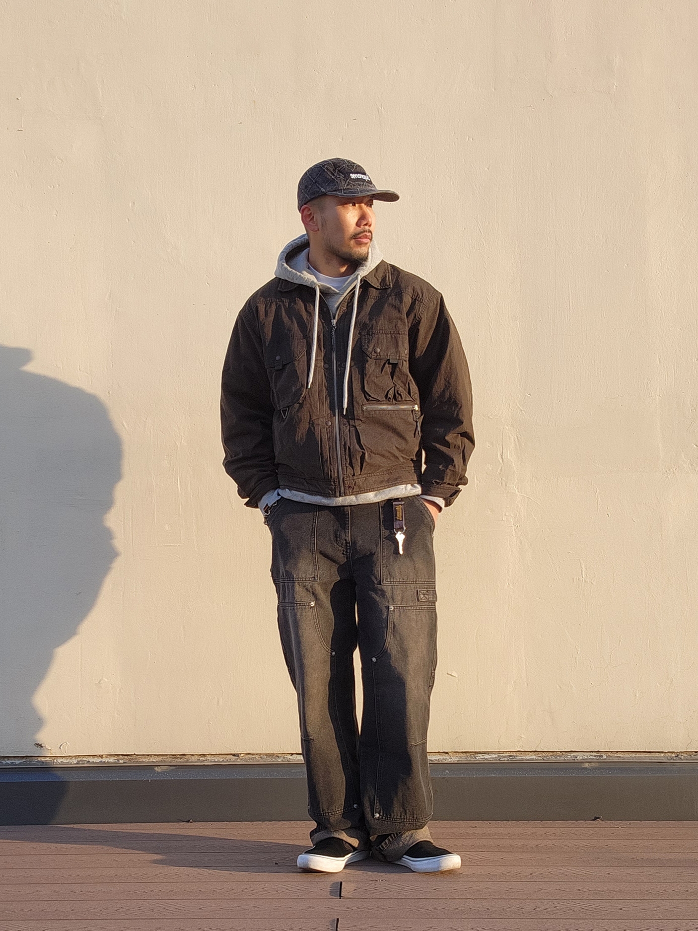 Supreme Punched Denim Camp Cap Black - 23FW, Vans Classic Slip-On Black 착용 스타일 - 3