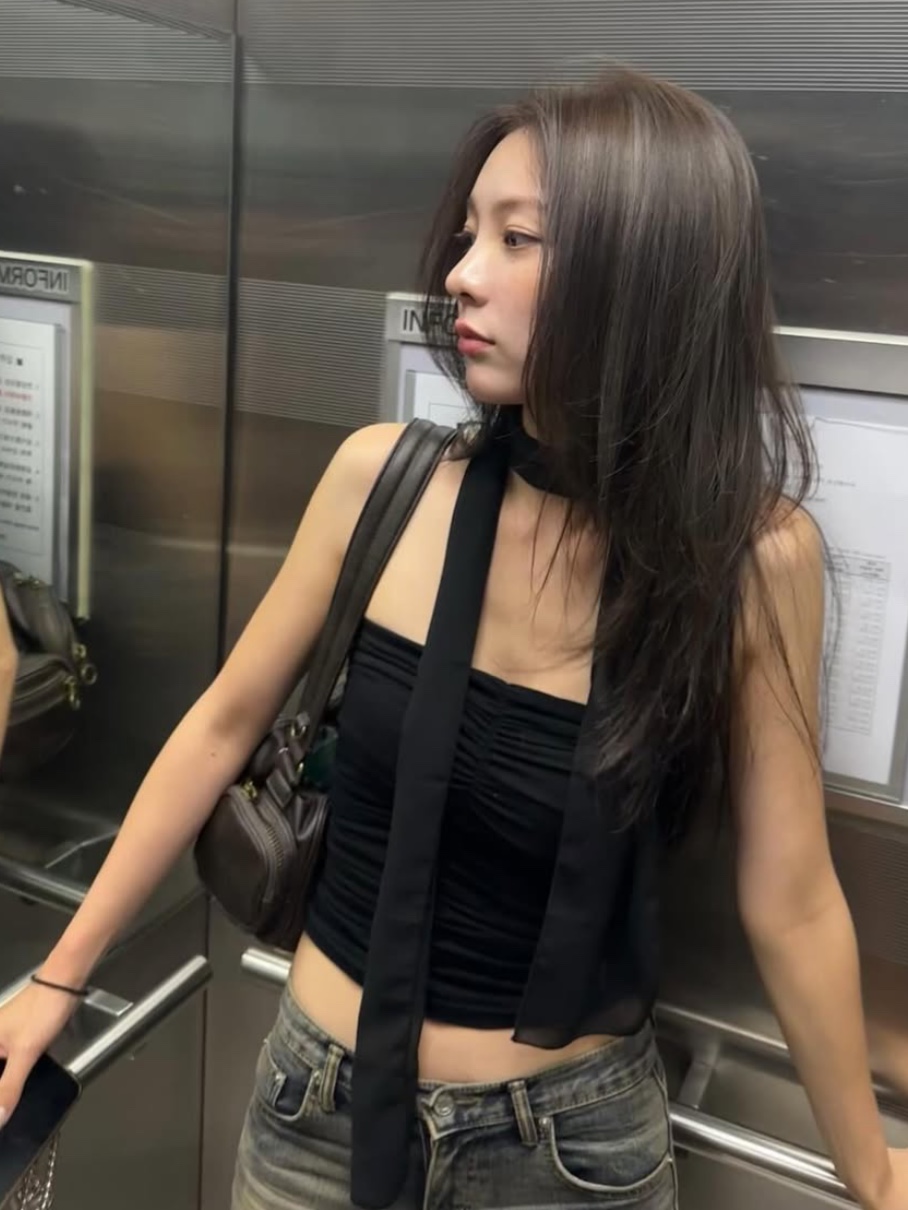 Newalrin Shirring Tube Top + Chiffon Muffler Set Black, Newalrin Shirring Tube Top + Chiffon Muffler Set Babypink 착용 스타일