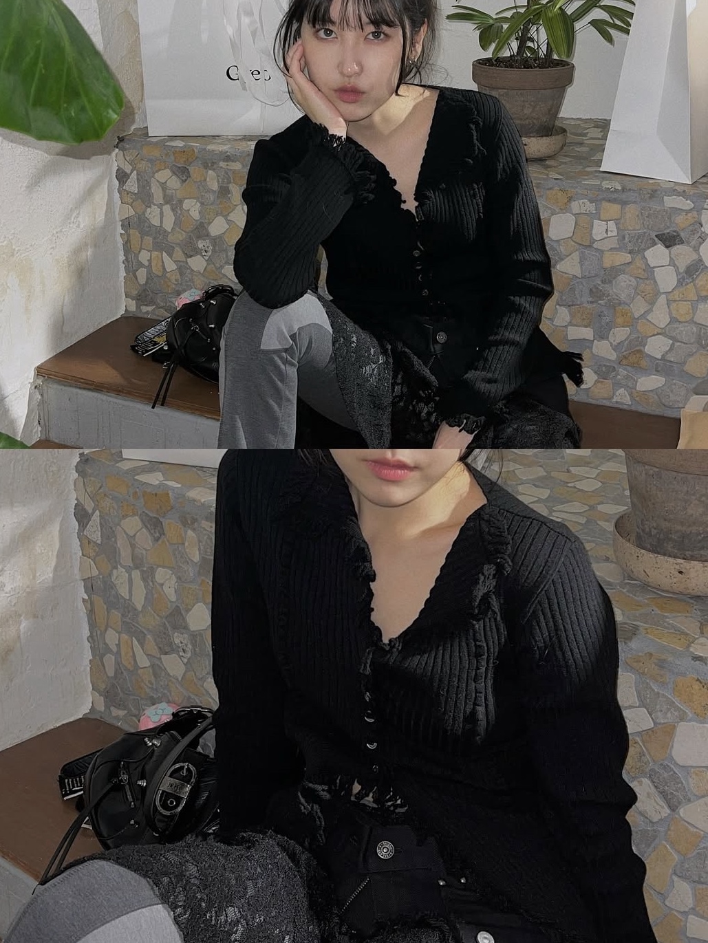 Newalrin Bohemian Tassel Line Knit Cardigan Melange Charcoal, Newalrin Bohemian Tassel Line Knit Cardigan Ivory 착용 스타일