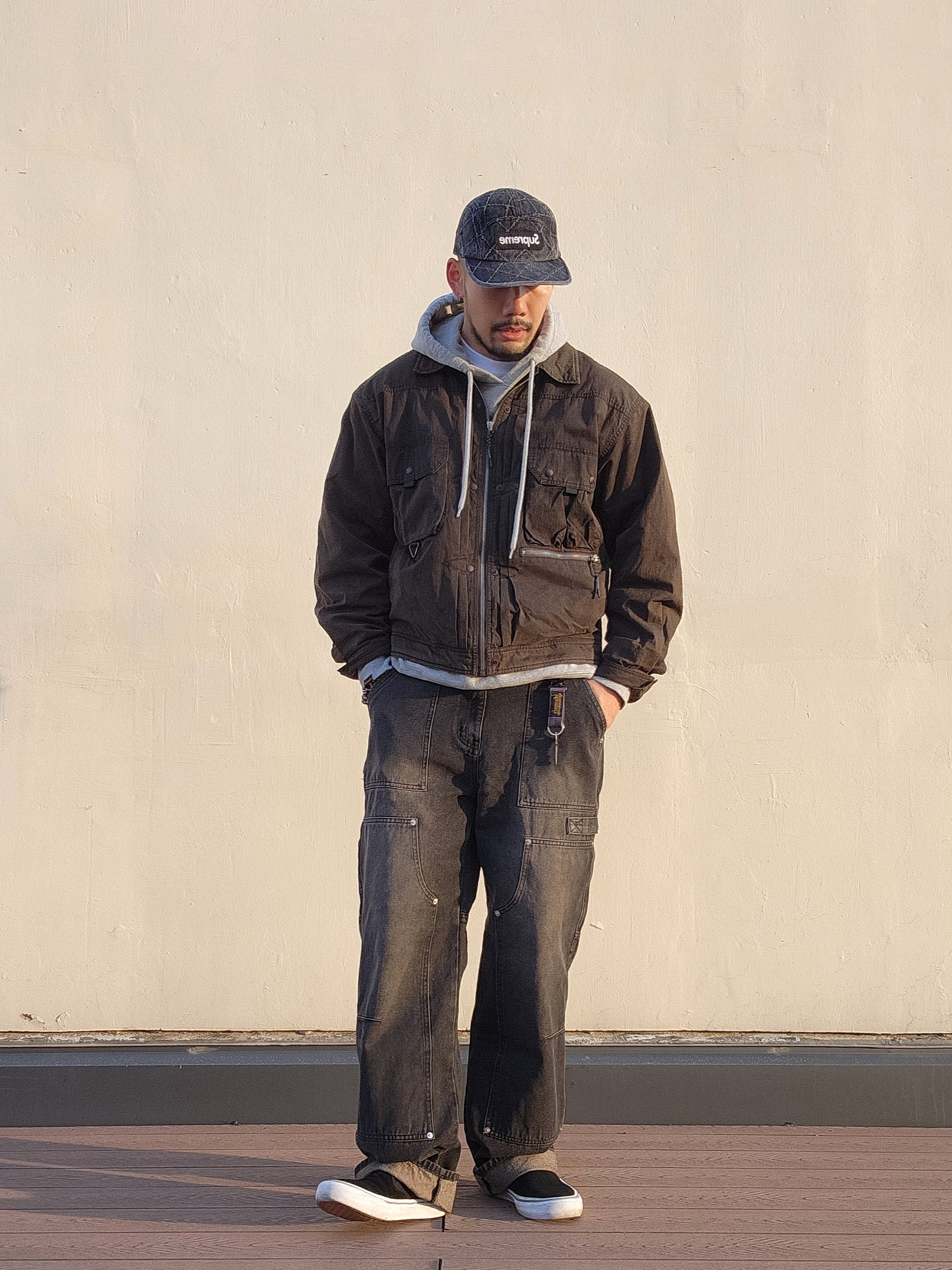 Supreme Punched Denim Camp Cap Black - 23FW, Vans Classic Slip-On Black 착용 스타일 - 1