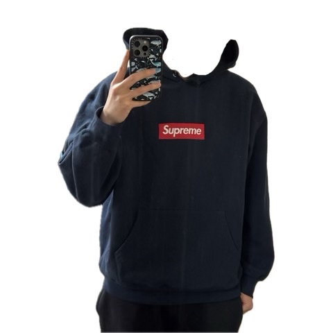 Supreme Box Logo Hooded Sweatshirt Navy - 24FW, Nike NRG Solo Swoosh Fleece Pants Black White - Asia 착용 스타일 - 1