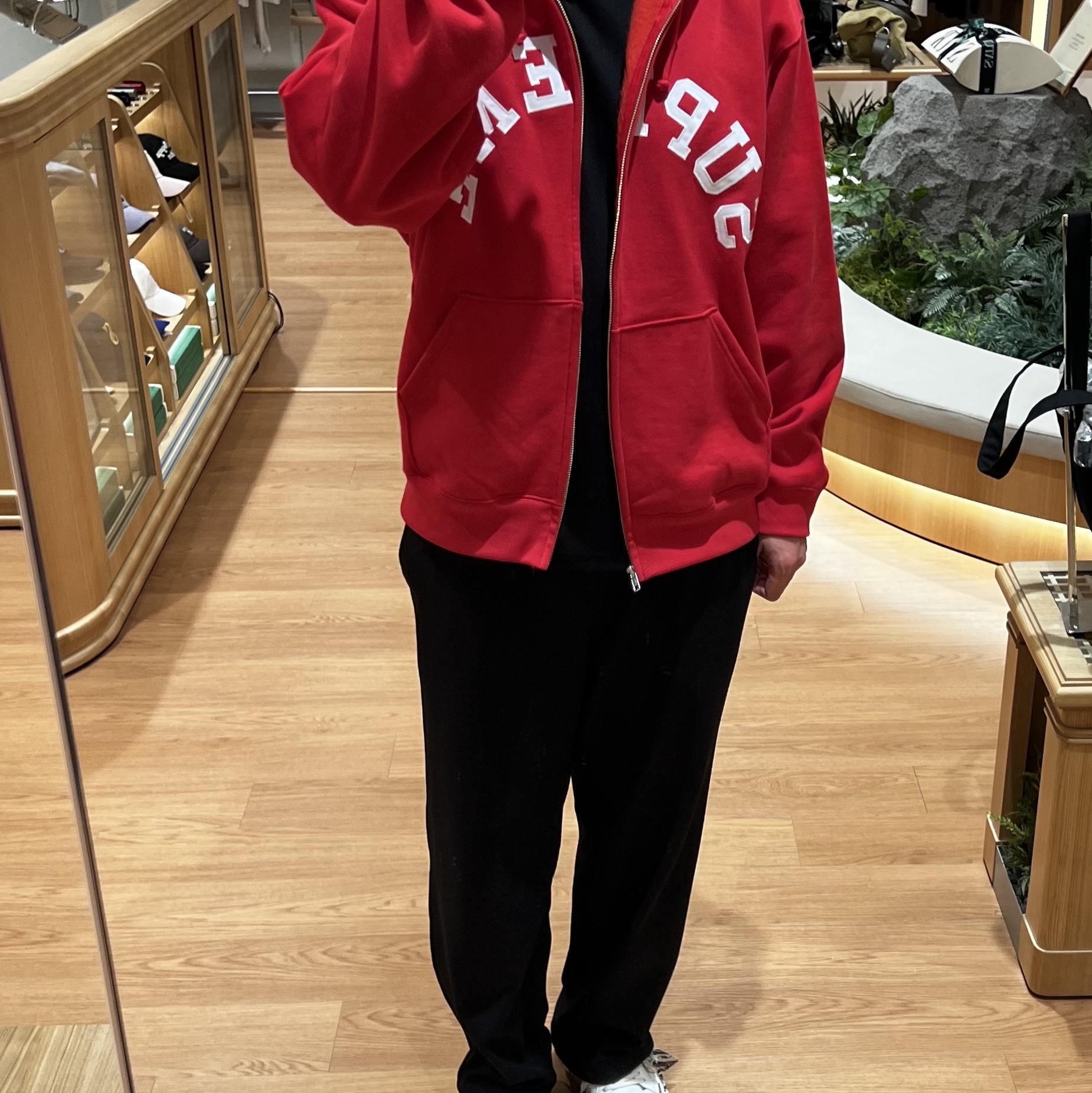 Supreme x Champion Zip Up Hooded Sweatshirt Red - 24SS 착용 스타일