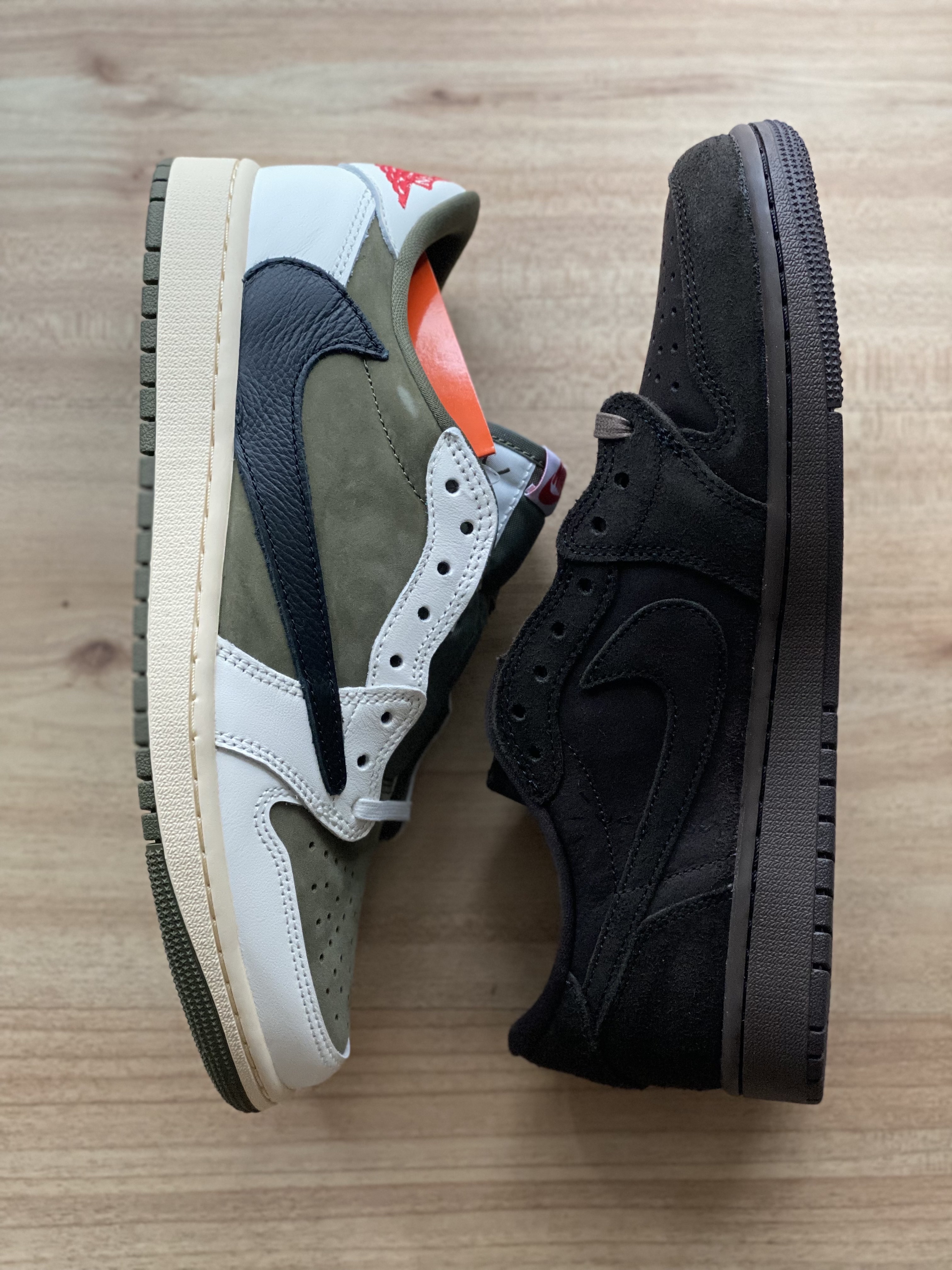 Jordan 1 x Travis Scott Retro Low OG SP Velvet Brown and Dark Mocha, Jordan 1 x Travis Scott Retro Low OG SP Reverse Olive 착용 스타일