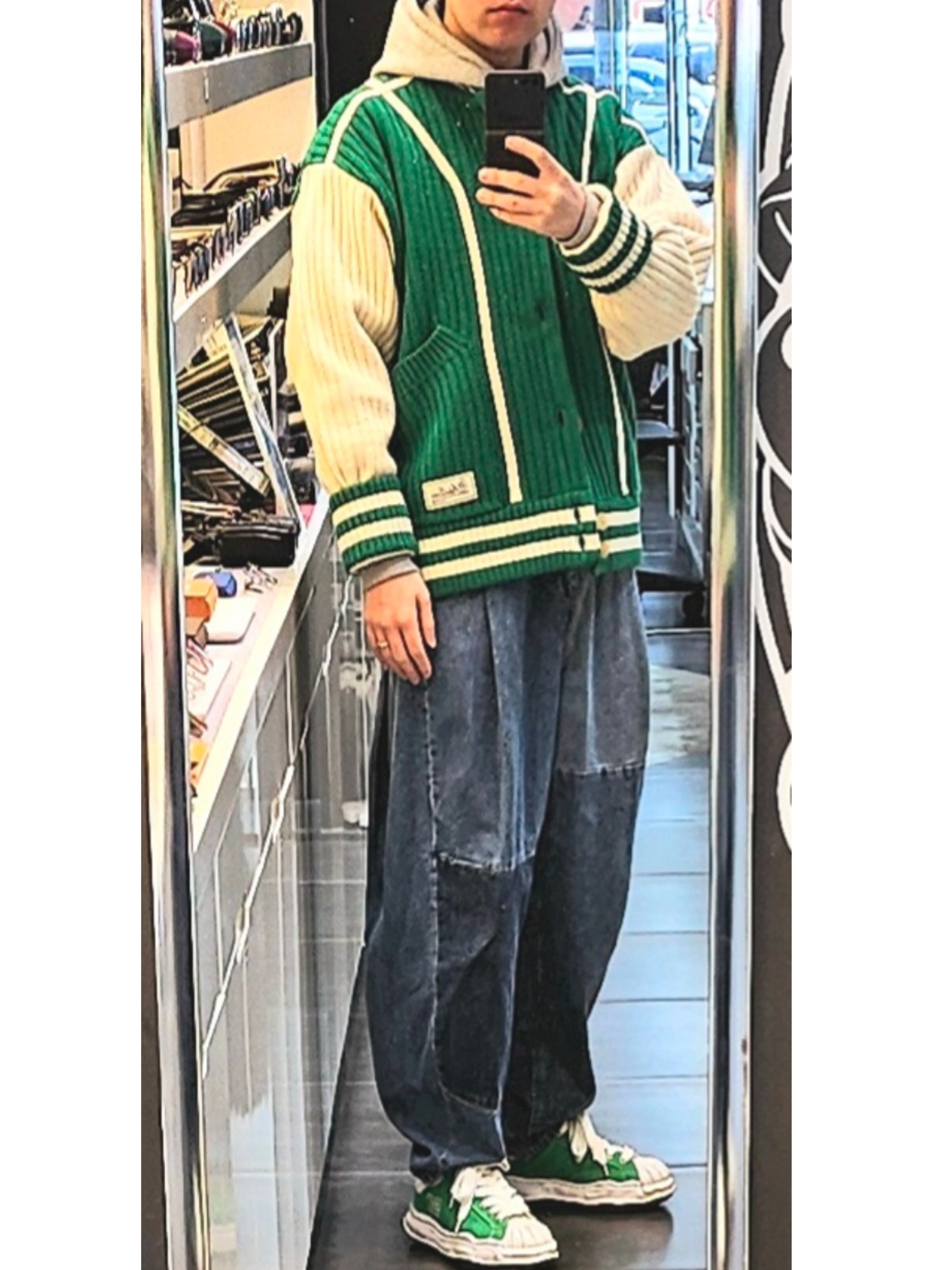 Supreme x MM6 Maison Margiela Foil Box Logo Hooded Sweatshirt White - 24SS, Ader Error Tomb Cardigan Green 착용 스타일