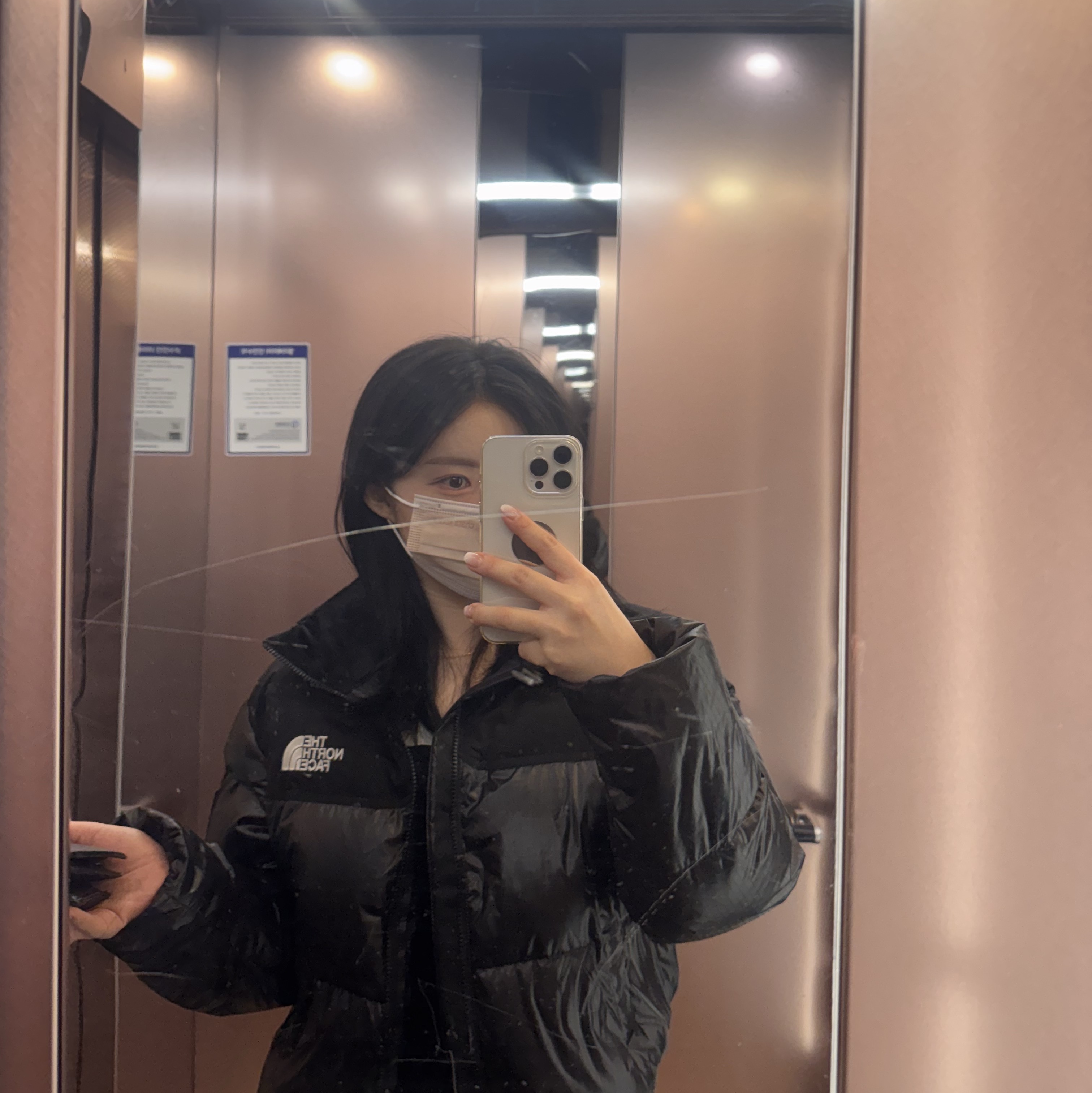 (W) The North Face White Label Novelty Nuptse Down Jacket Black 착용 스타일 - 2