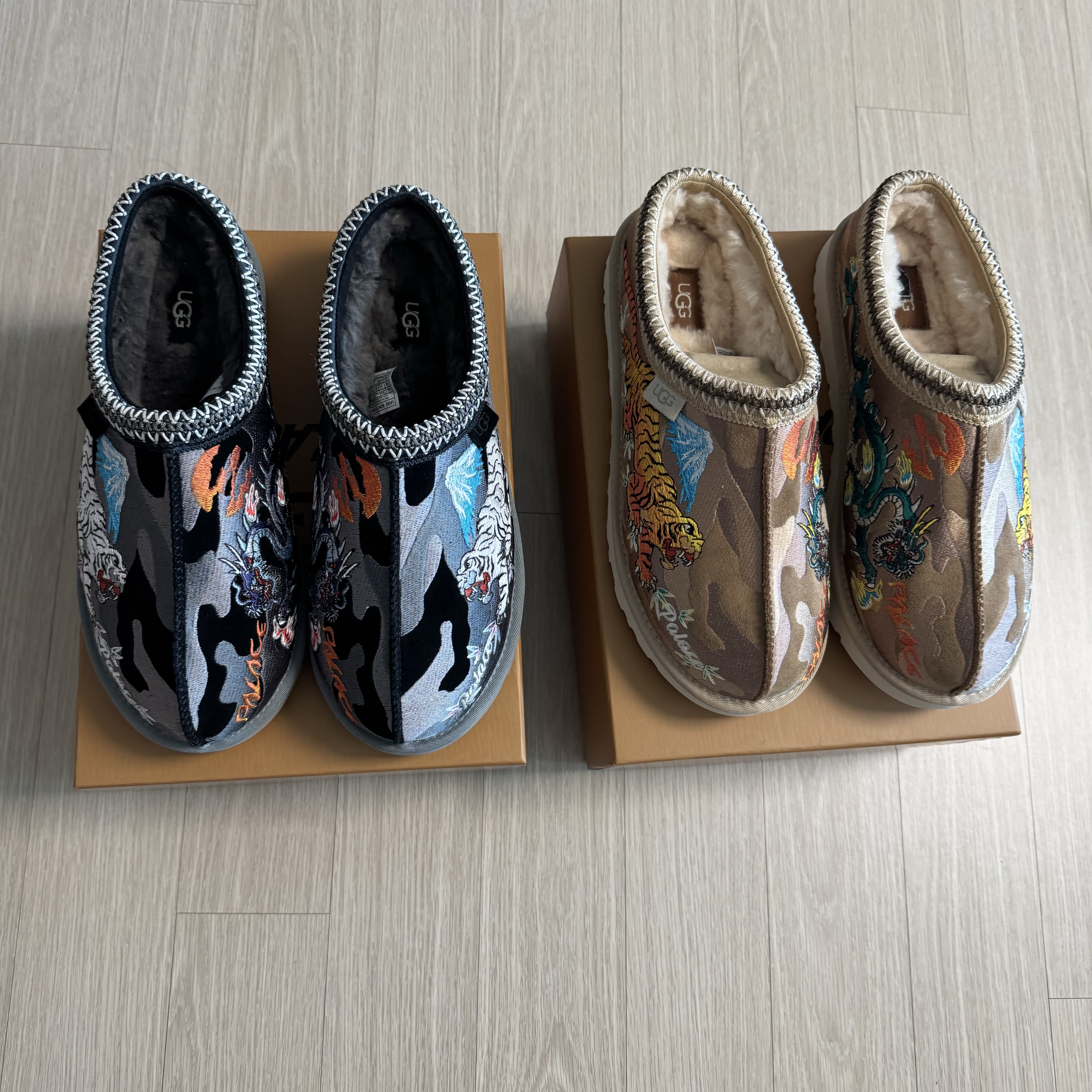 UGG x Palace Tasman Slipper Black Camo, UGG x Palace Tasman Slipper Chestnut Camo 착용 스타일