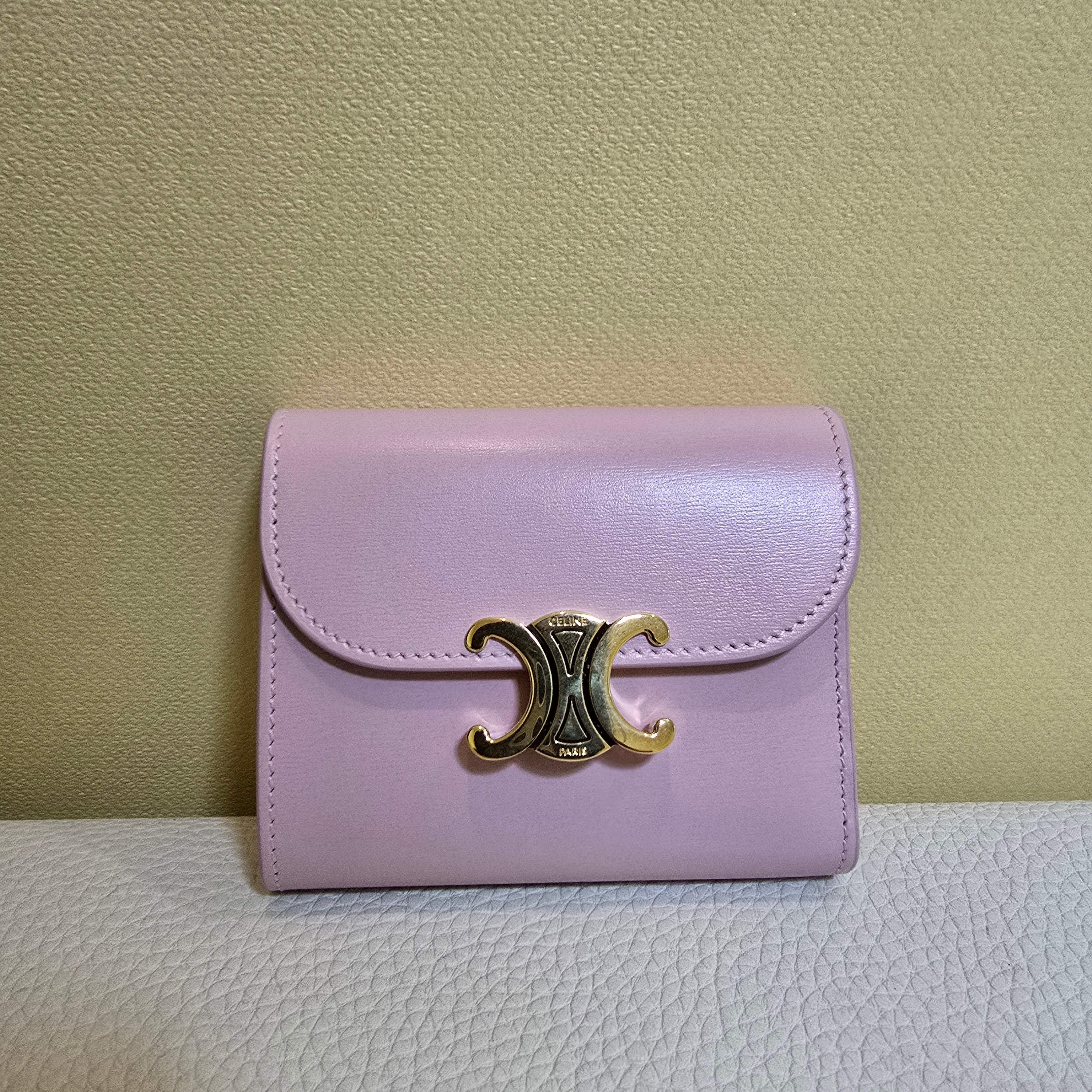 Celine Triomphe Small Flap Wallet in Shiny Calfskin Pastel Pink 착용 스타일
