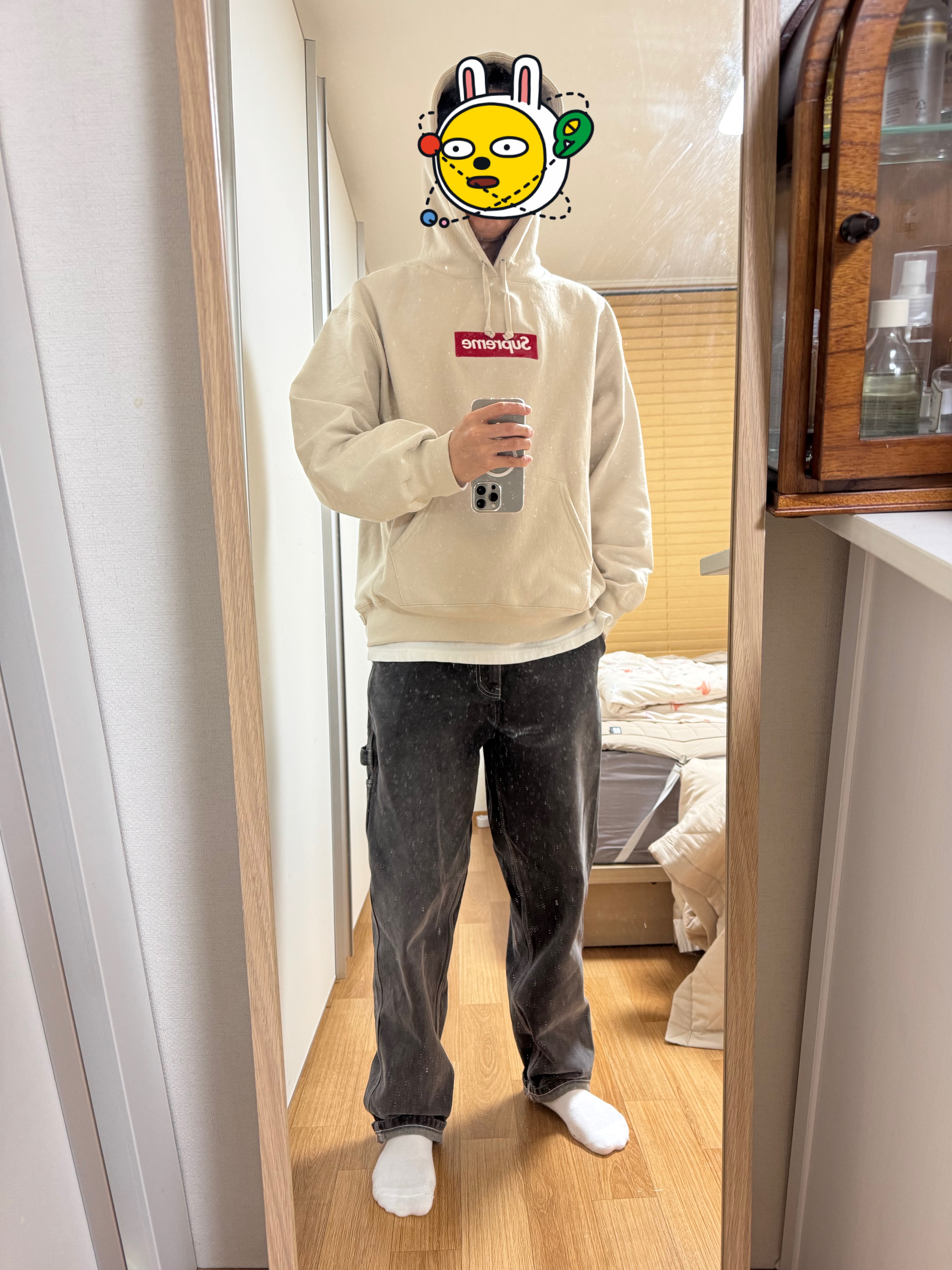 Supreme Box Logo Hooded Sweatshirt Stone - 24FW 착용 스타일